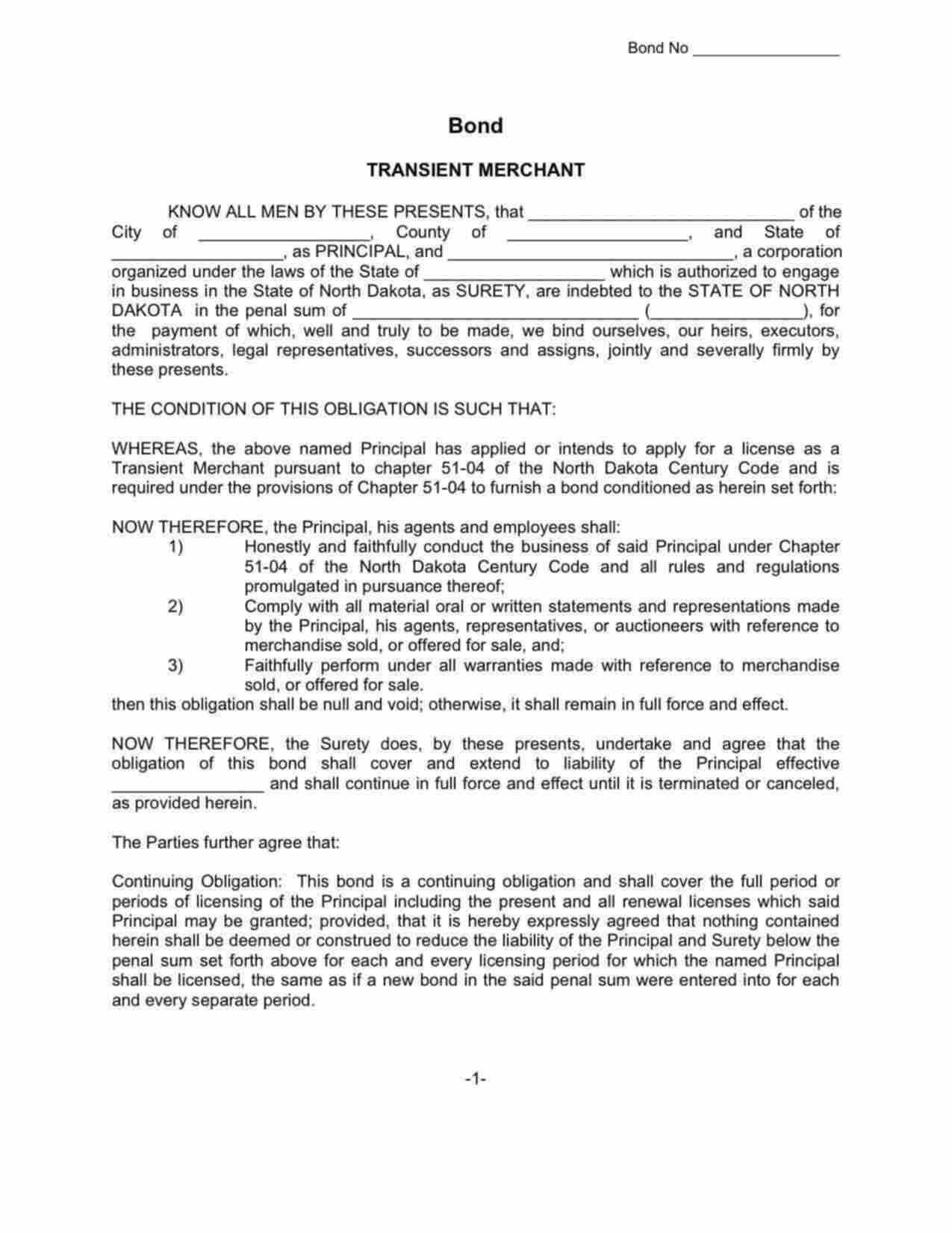 North Dakota Transient Merchant Bond Form