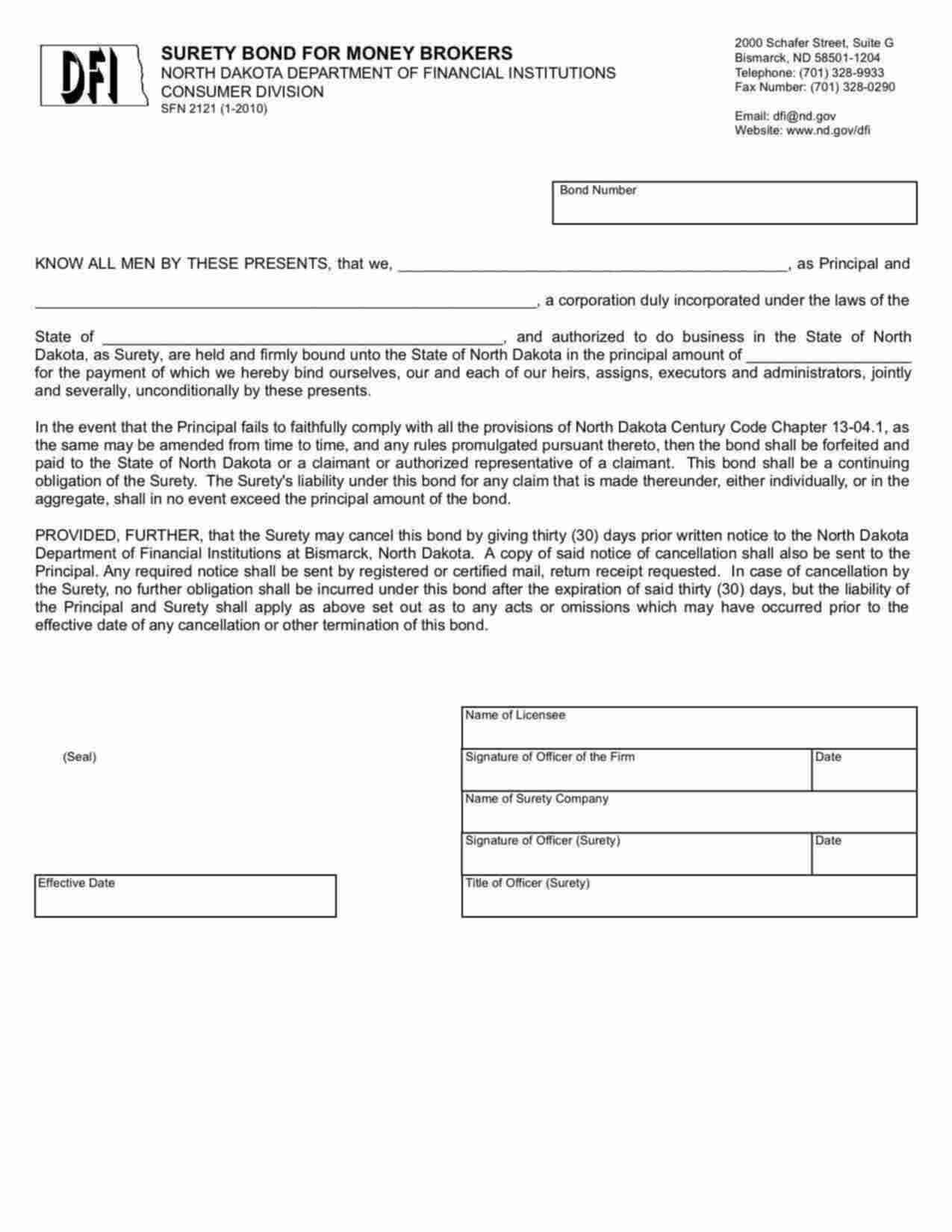 North Dakota Money Broker License Bond Form