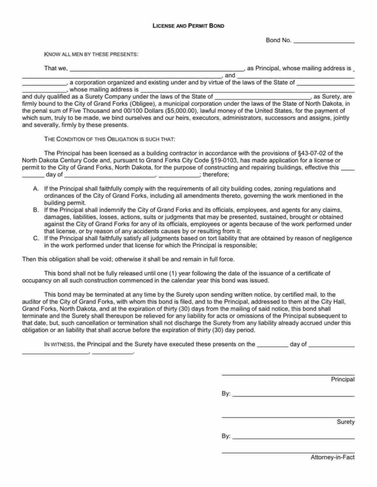 North Dakota General Contractor Bond Form