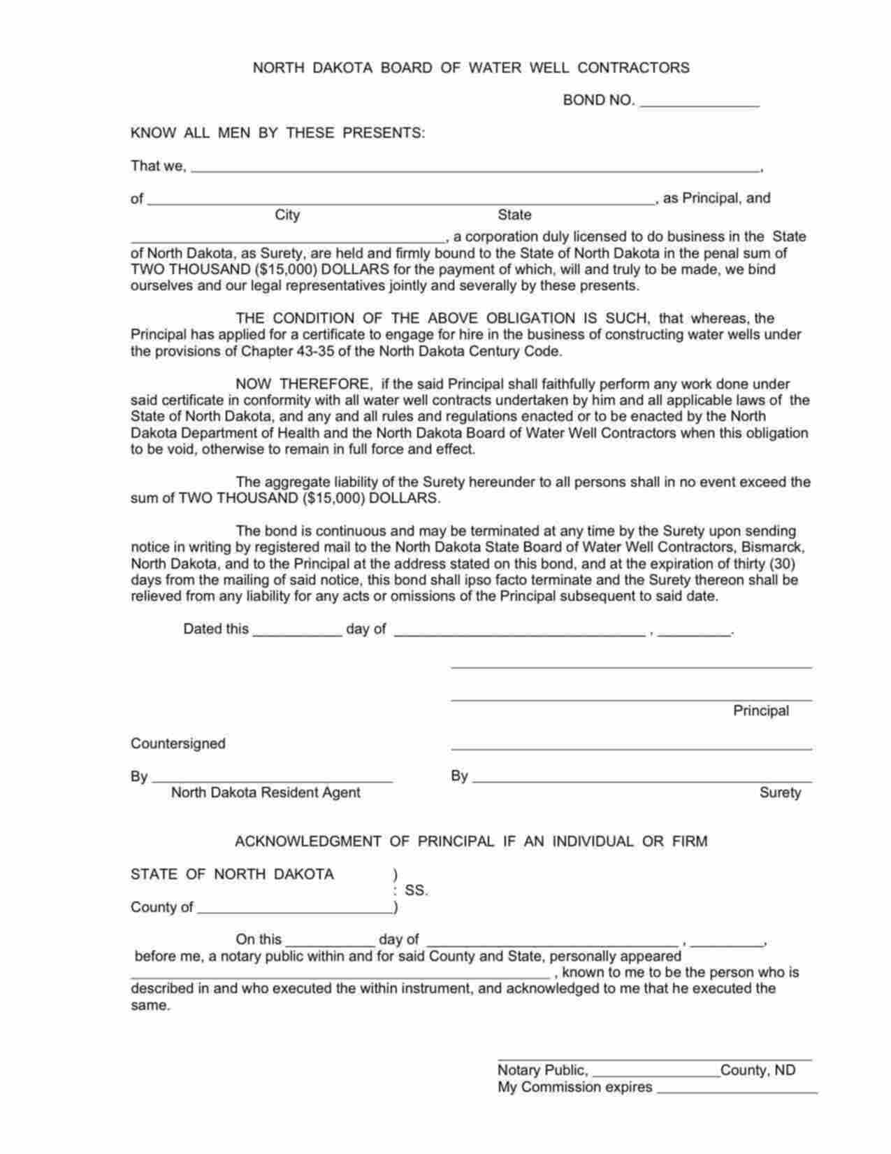 North Dakota Water Well Contractor: Constructing Water Wells Bond Form