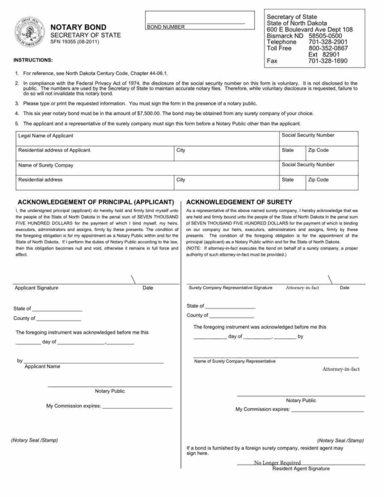 North Dakota Notary Public Bond Form