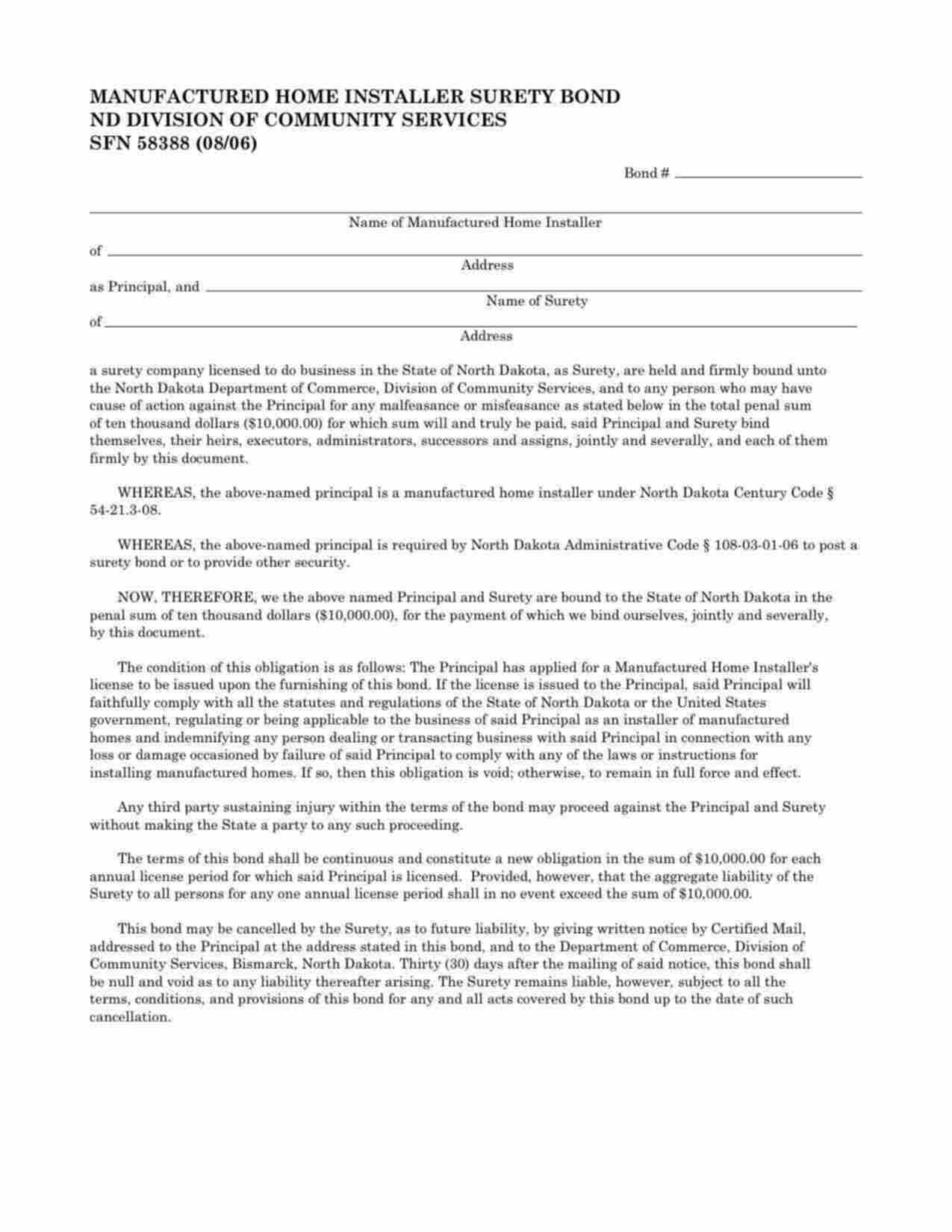 North Dakota Manufactured Home Installer Bond Form