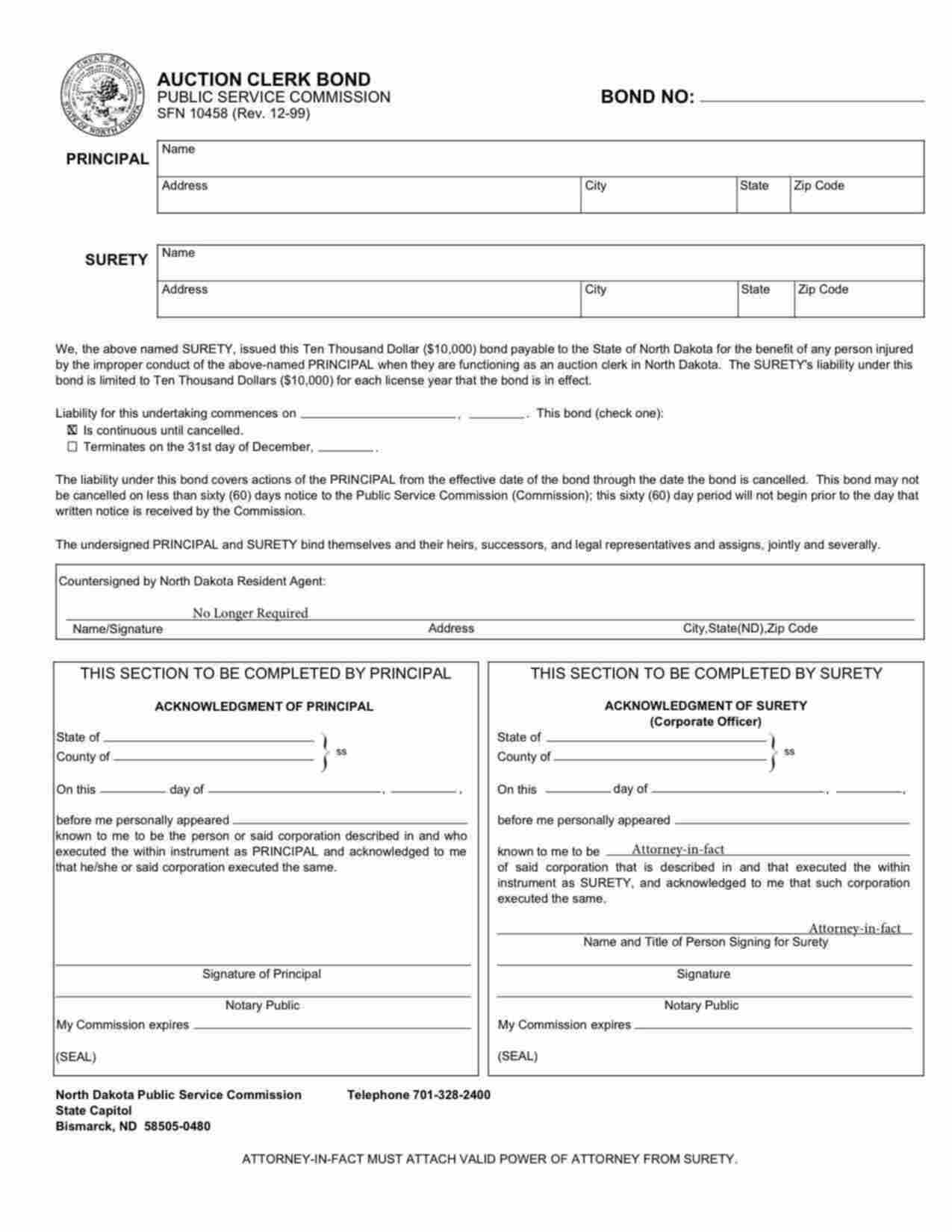North Dakota Auction Clerk Bond Form
