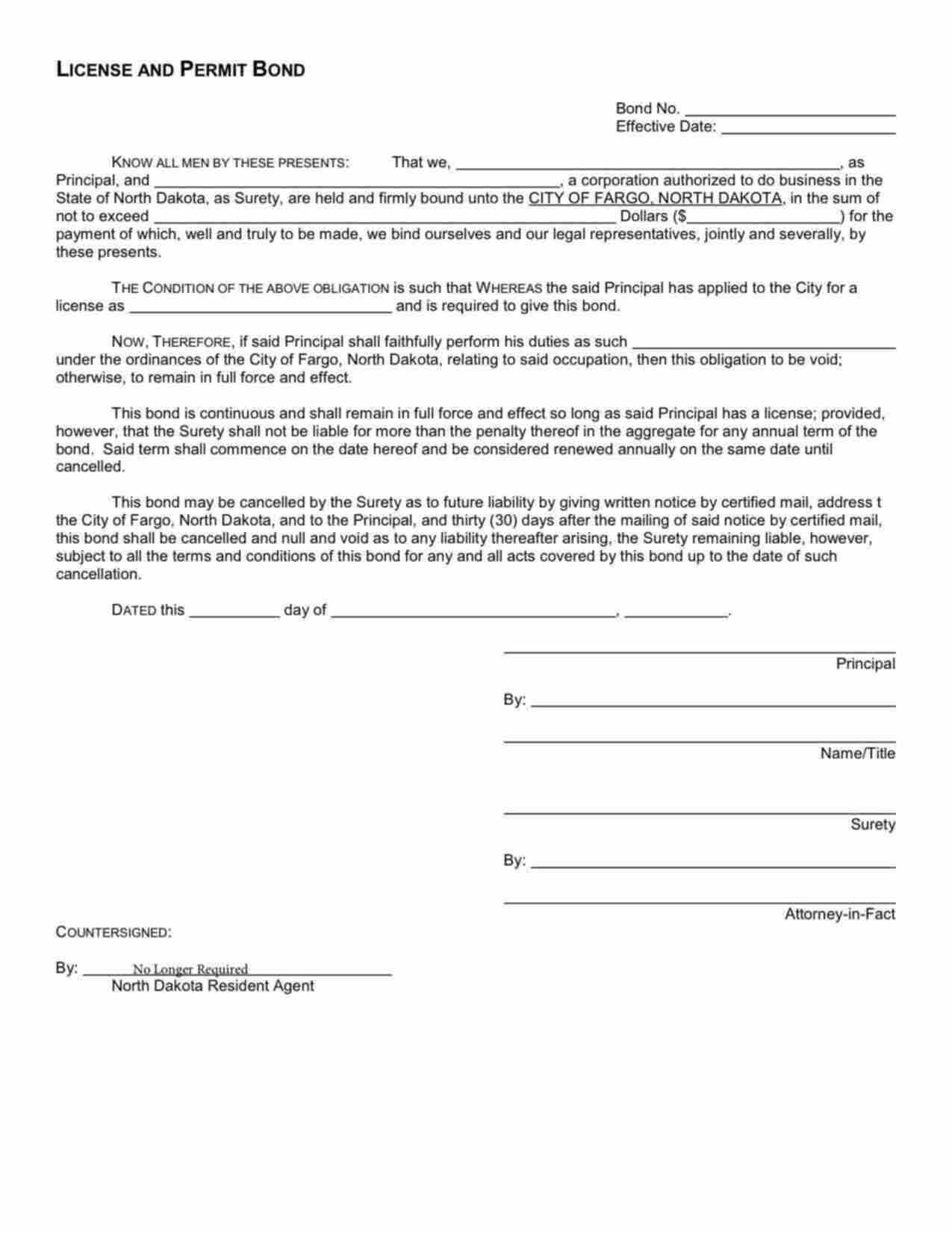 North Dakota License and Permit Bond Form