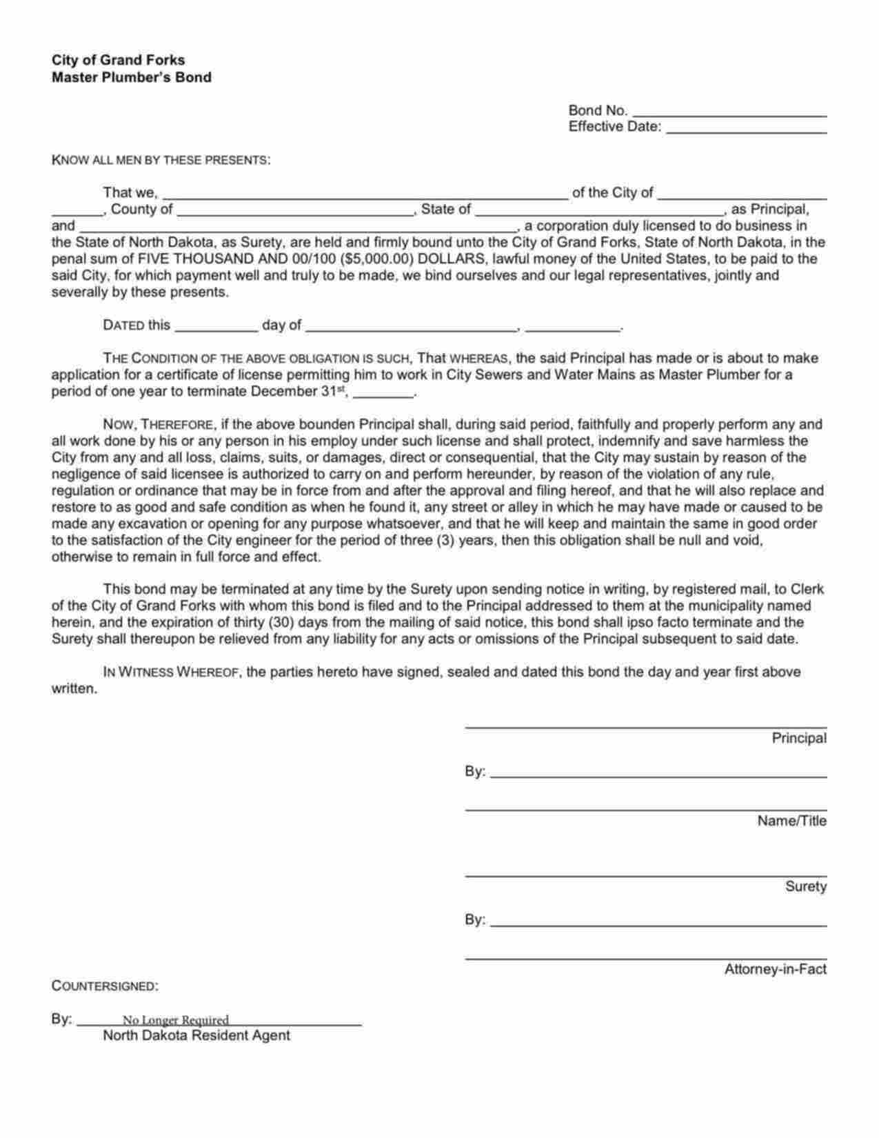 North Dakota Master Plumber Bond Form