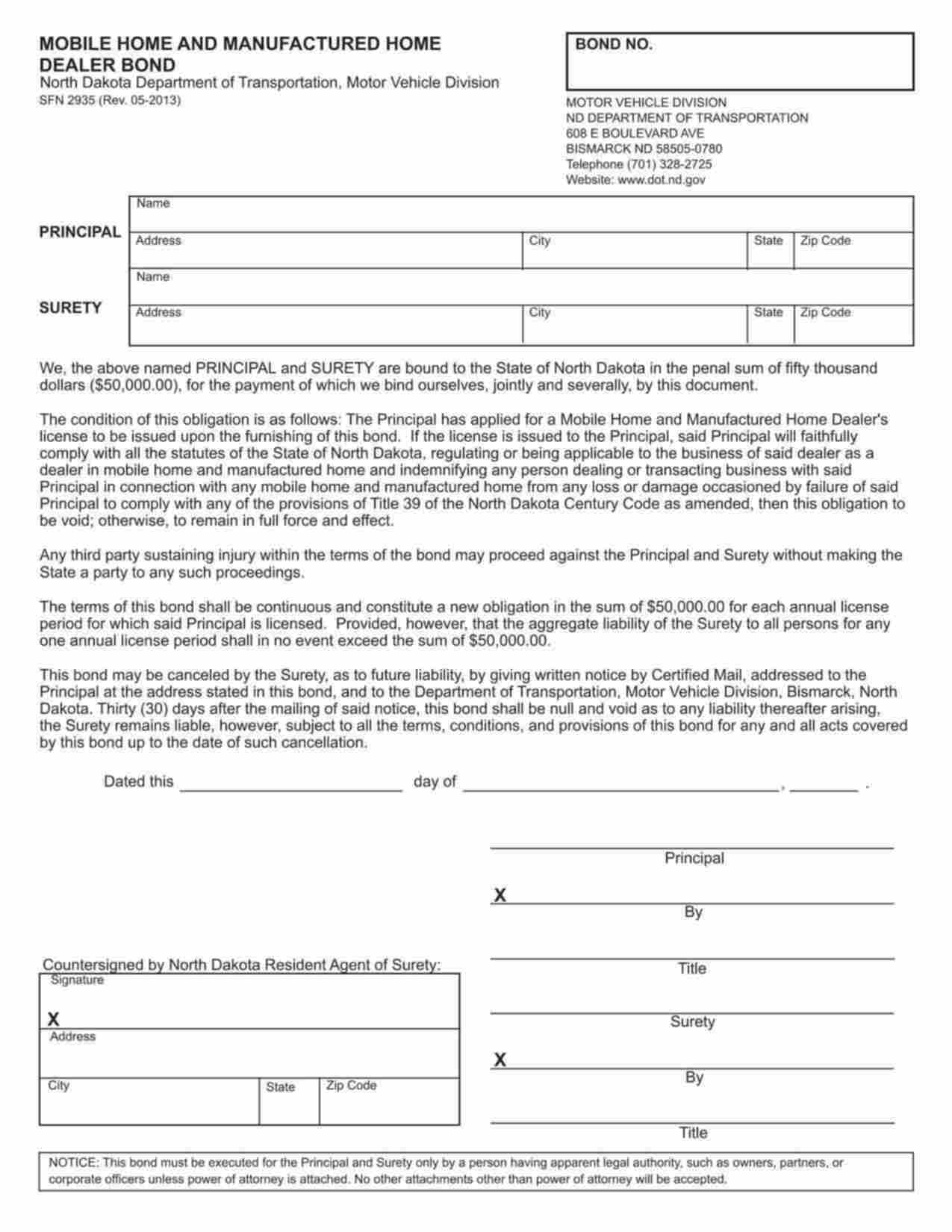 North Dakota Mobile Home and Manufactured Home Dealer Bond Form