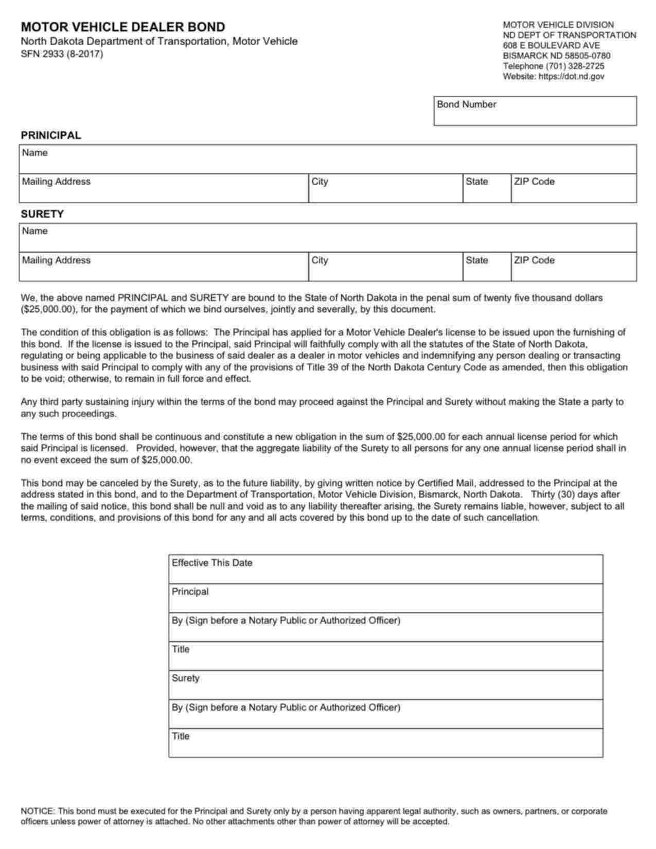 North Dakota Motor Vehicle Dealer Bond Form