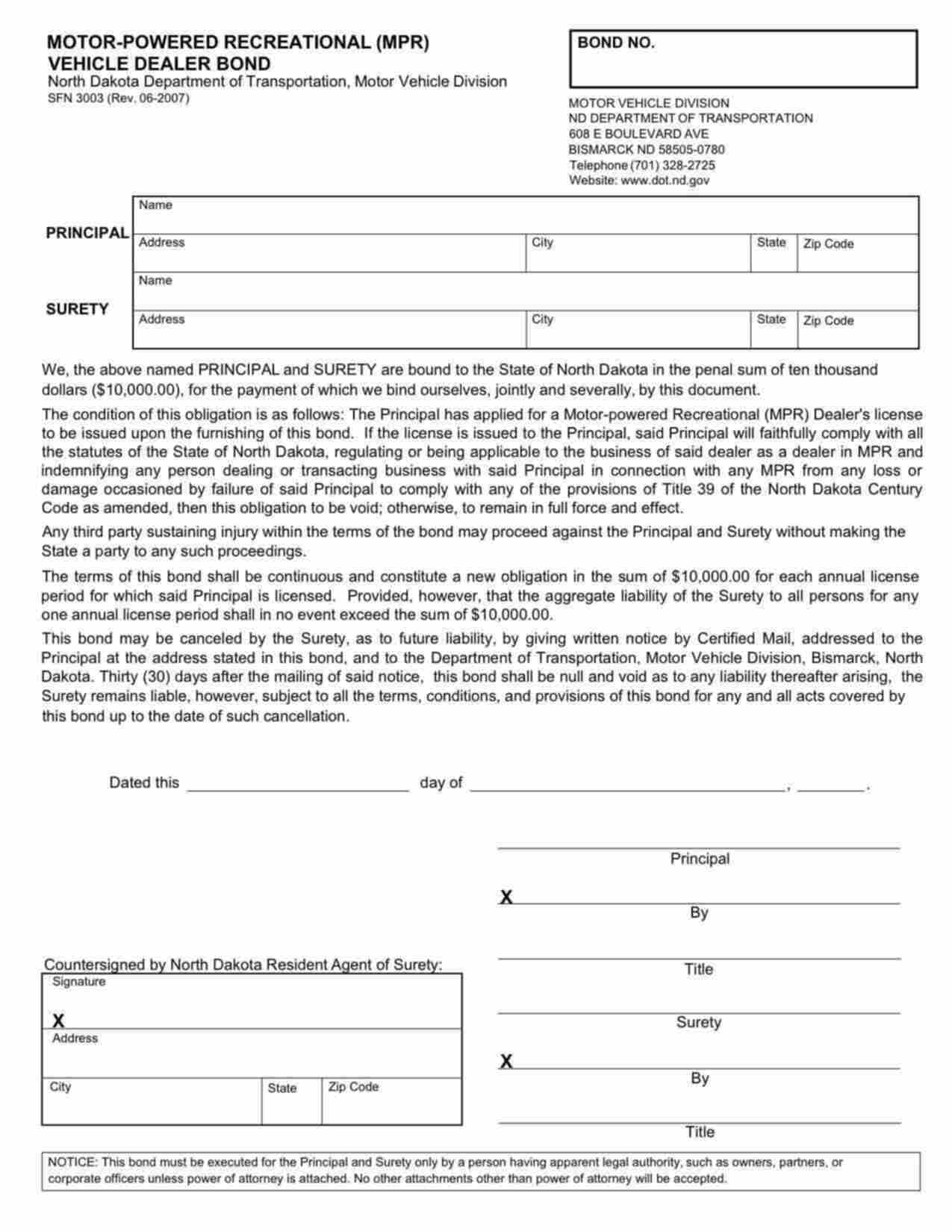 North Dakota Motor-Powered Recreational (MPR) Vehicle Dealer Bond Form