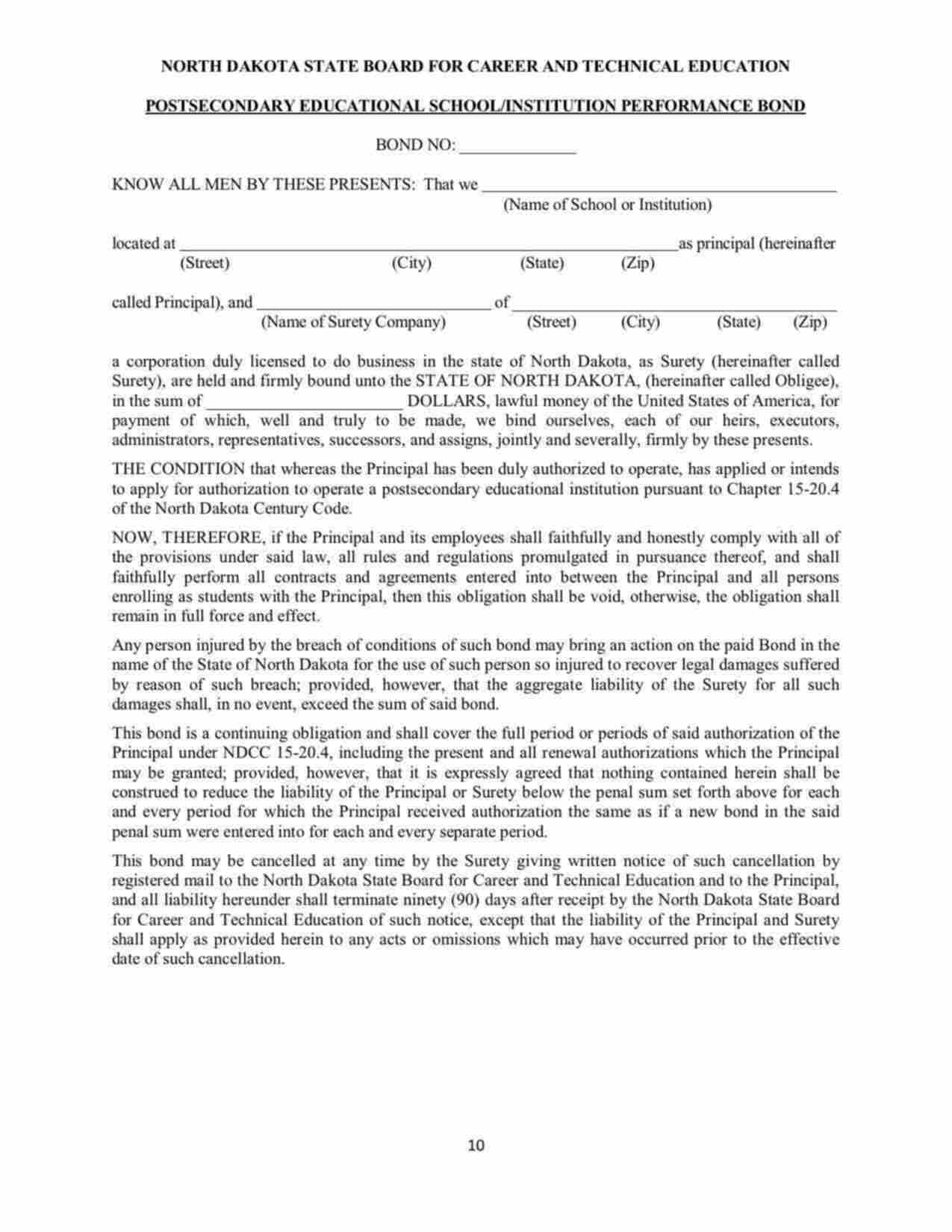 North Dakota Postsecondary Educational School/Institution Performance Bond Form