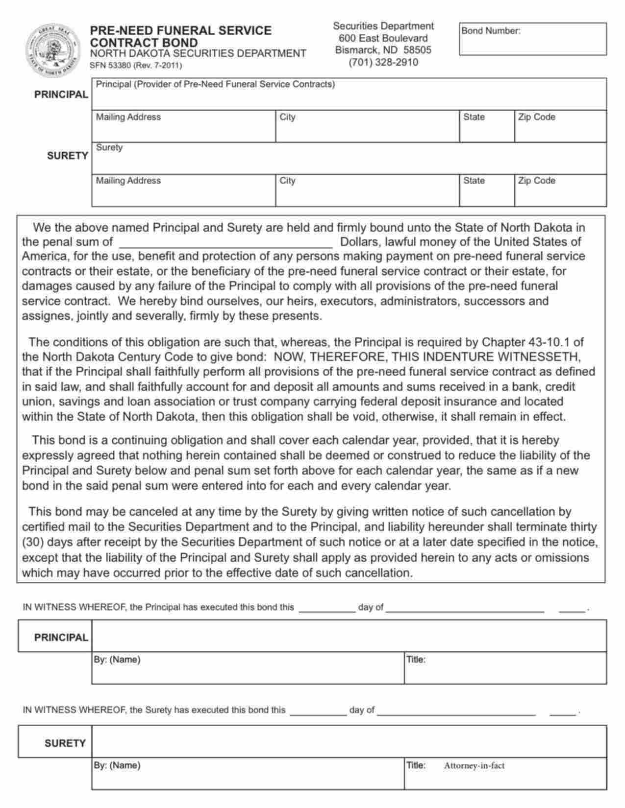 North Dakota Pre-Need Funeral Service Contract Bond Form