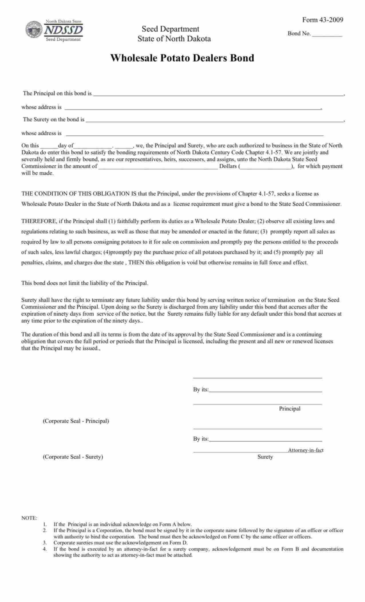 North Dakota Wholesale Potato Dealer Bond Form