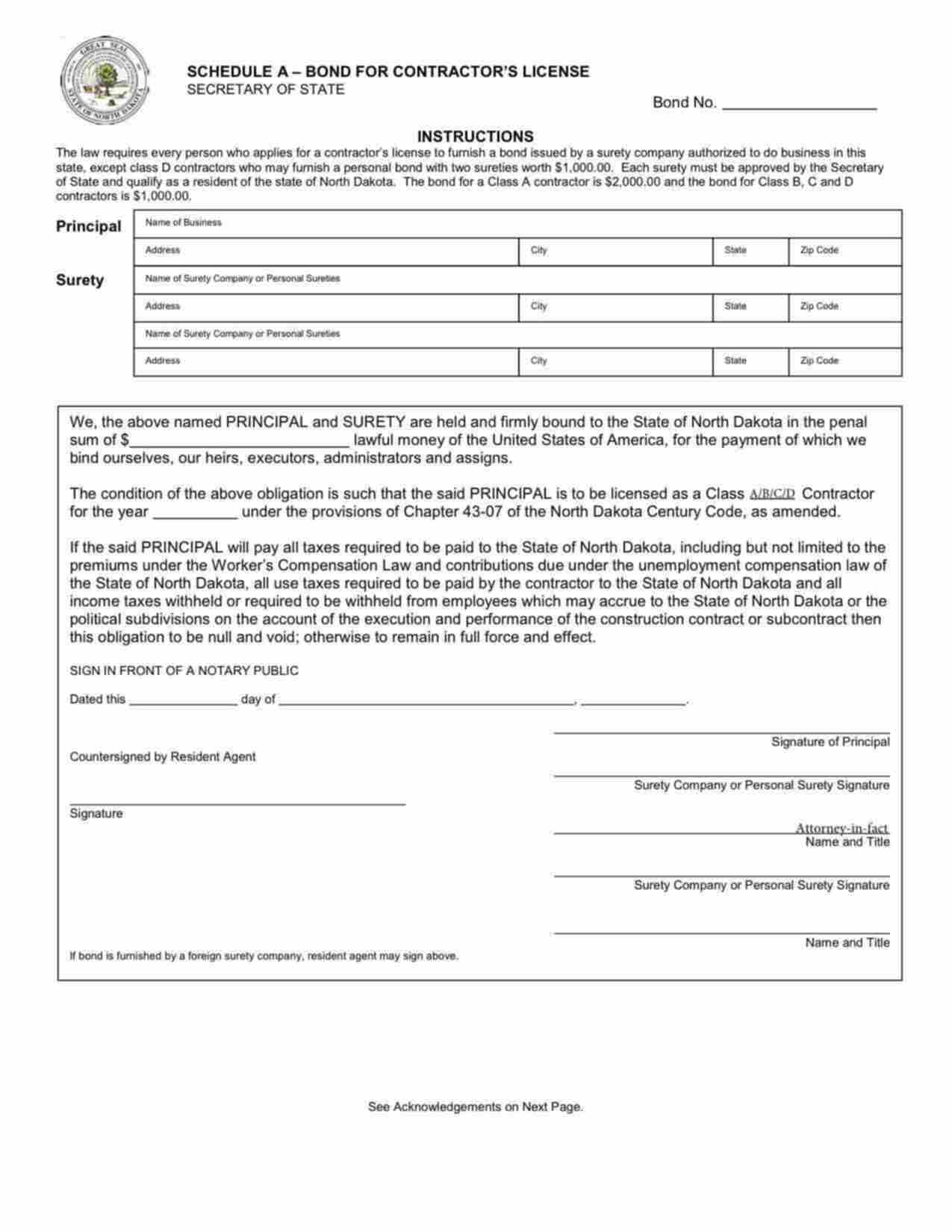 North Dakota Class B Contractor Bond Form