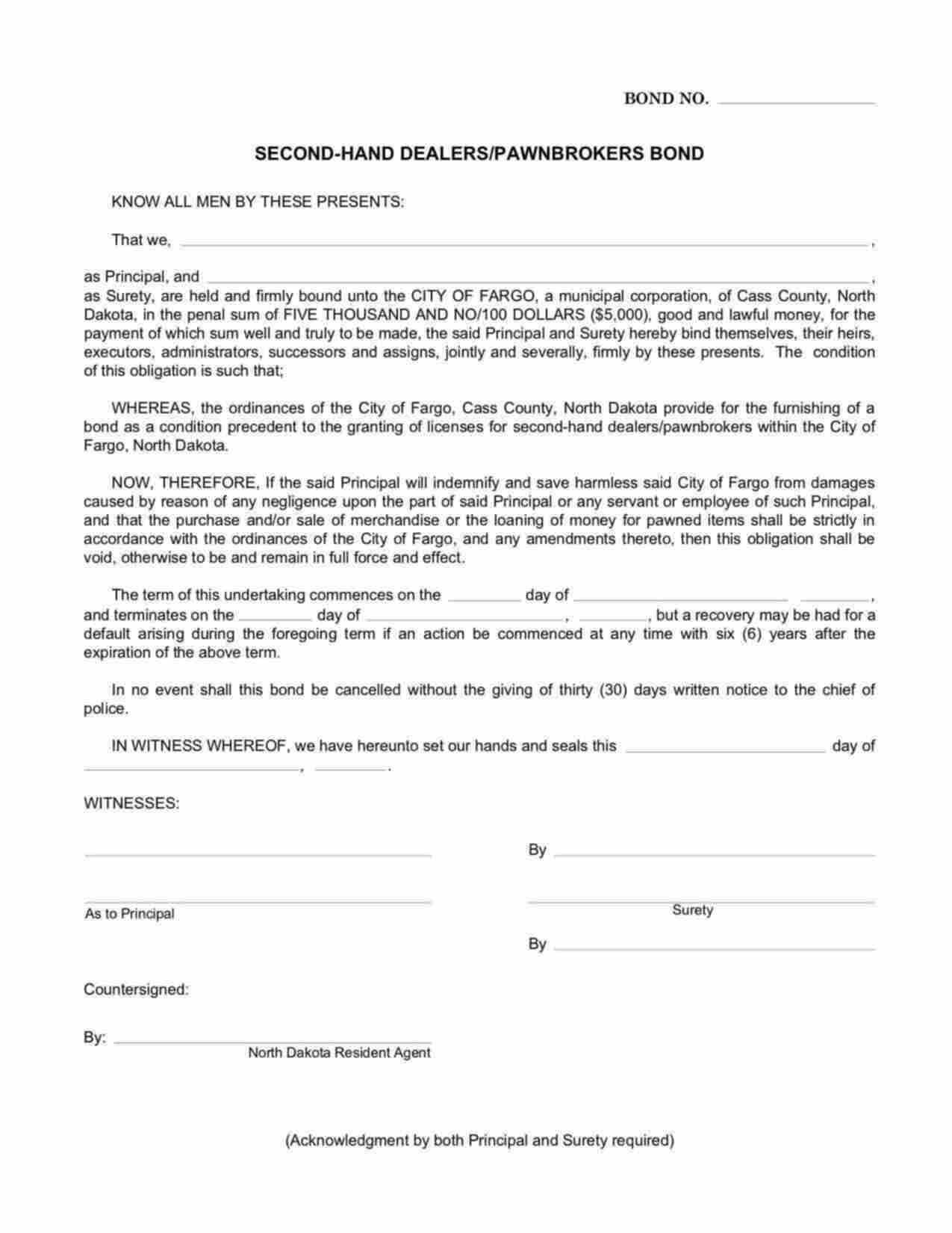 North Dakota Secondhand Dealers/Pawnbrokers Bond Form