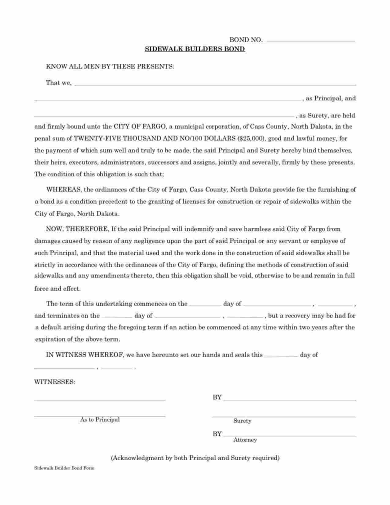 North Dakota Sidewalk Builder Bond Form