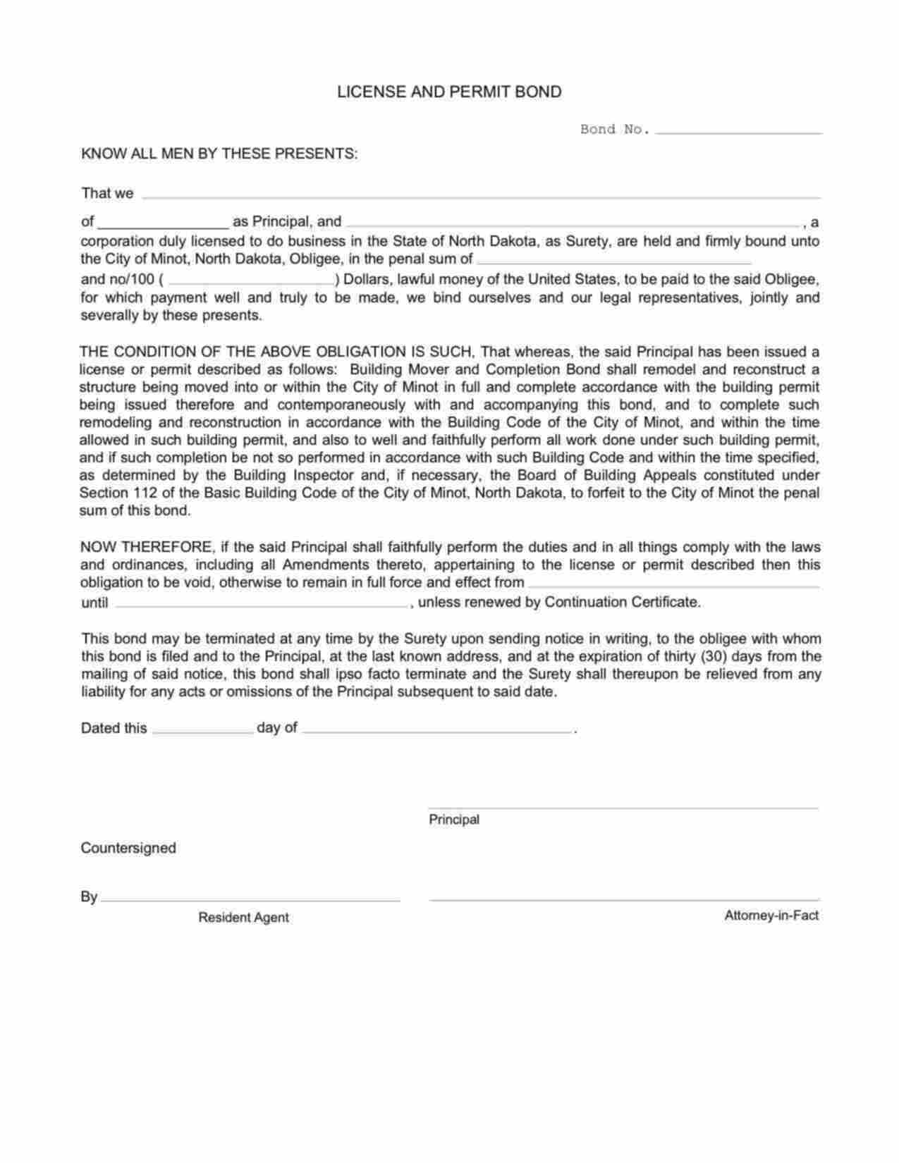 North Dakota Building Mover and Completion Bond Form