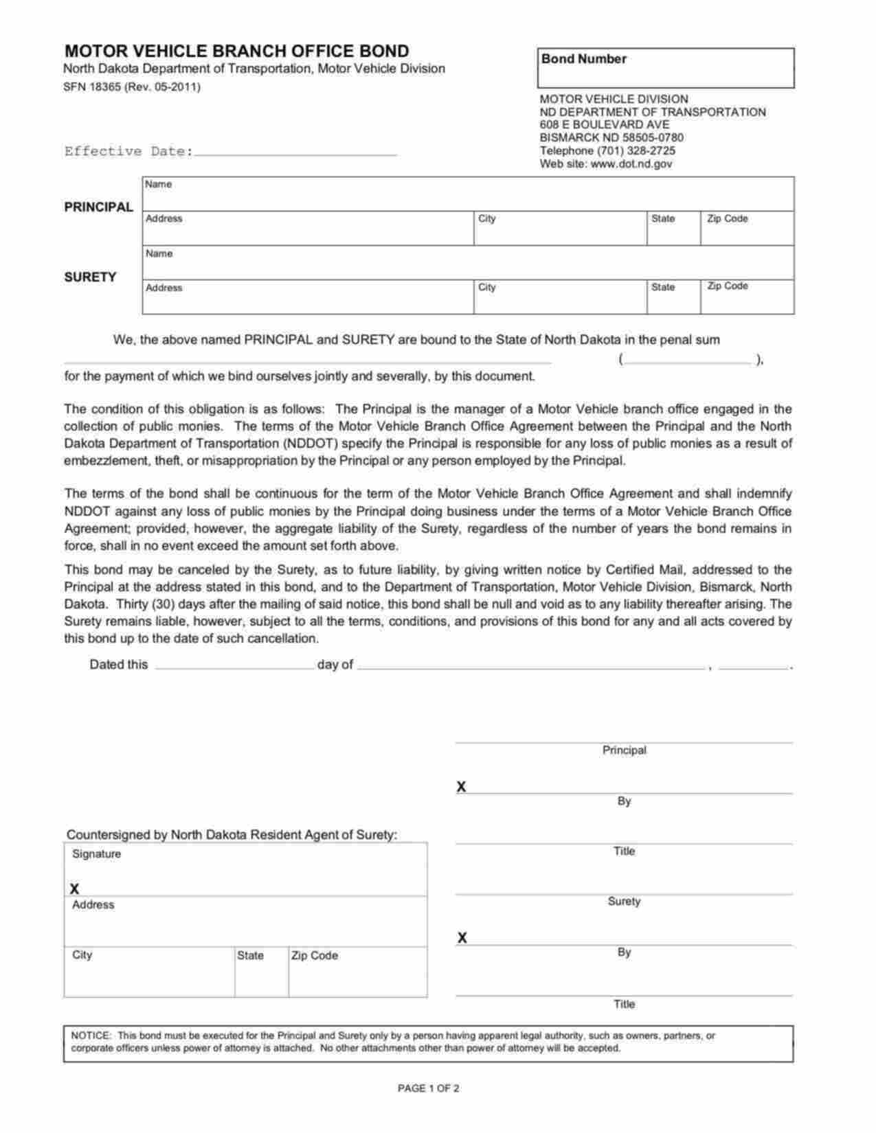 North Dakota Motor Vehicle Branch Office Bond Form
