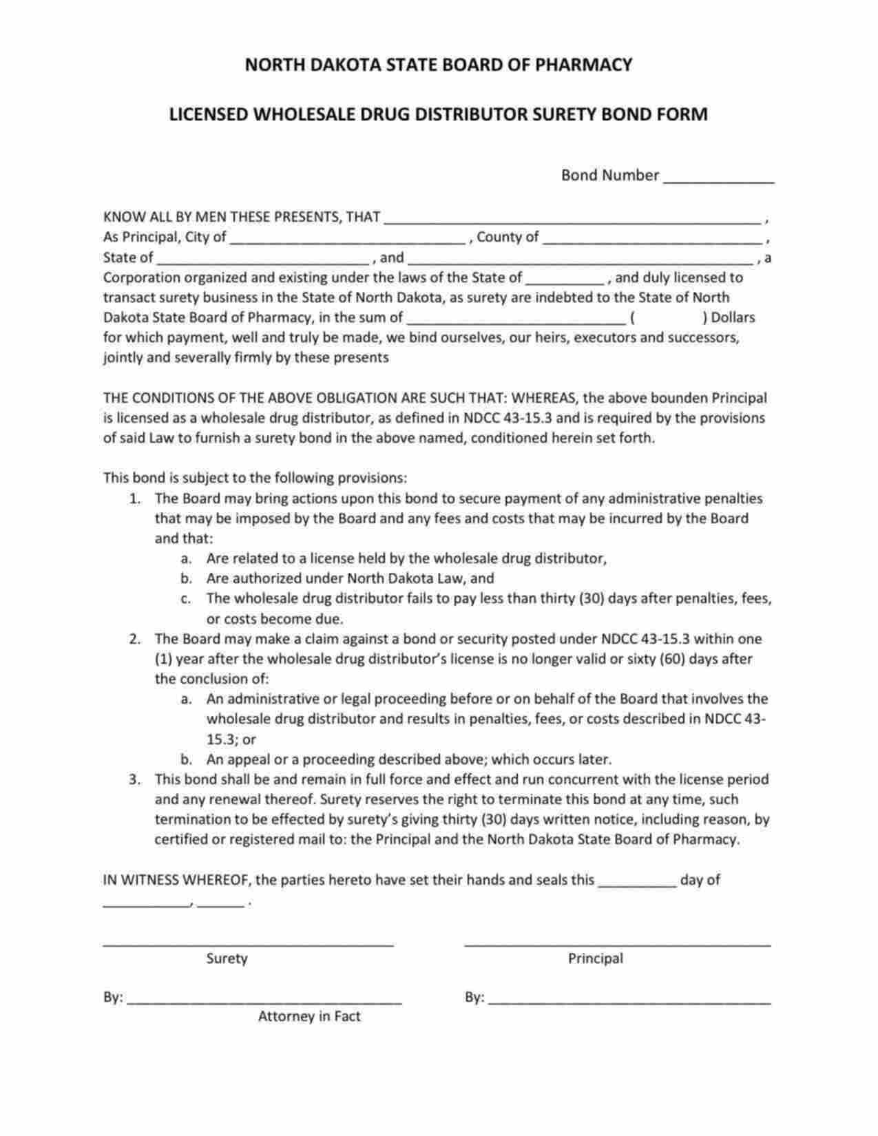 North Dakota Licensed Wholesale Drug Distributor Bond Form