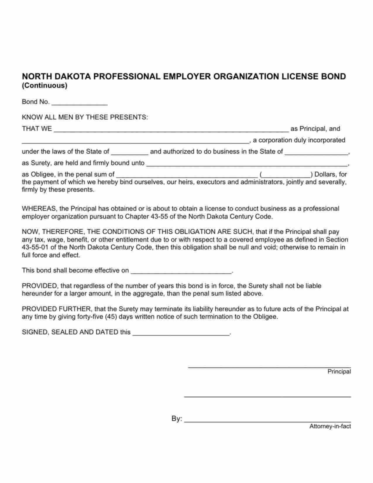 North Dakota Professional Employer Organization Bond Form