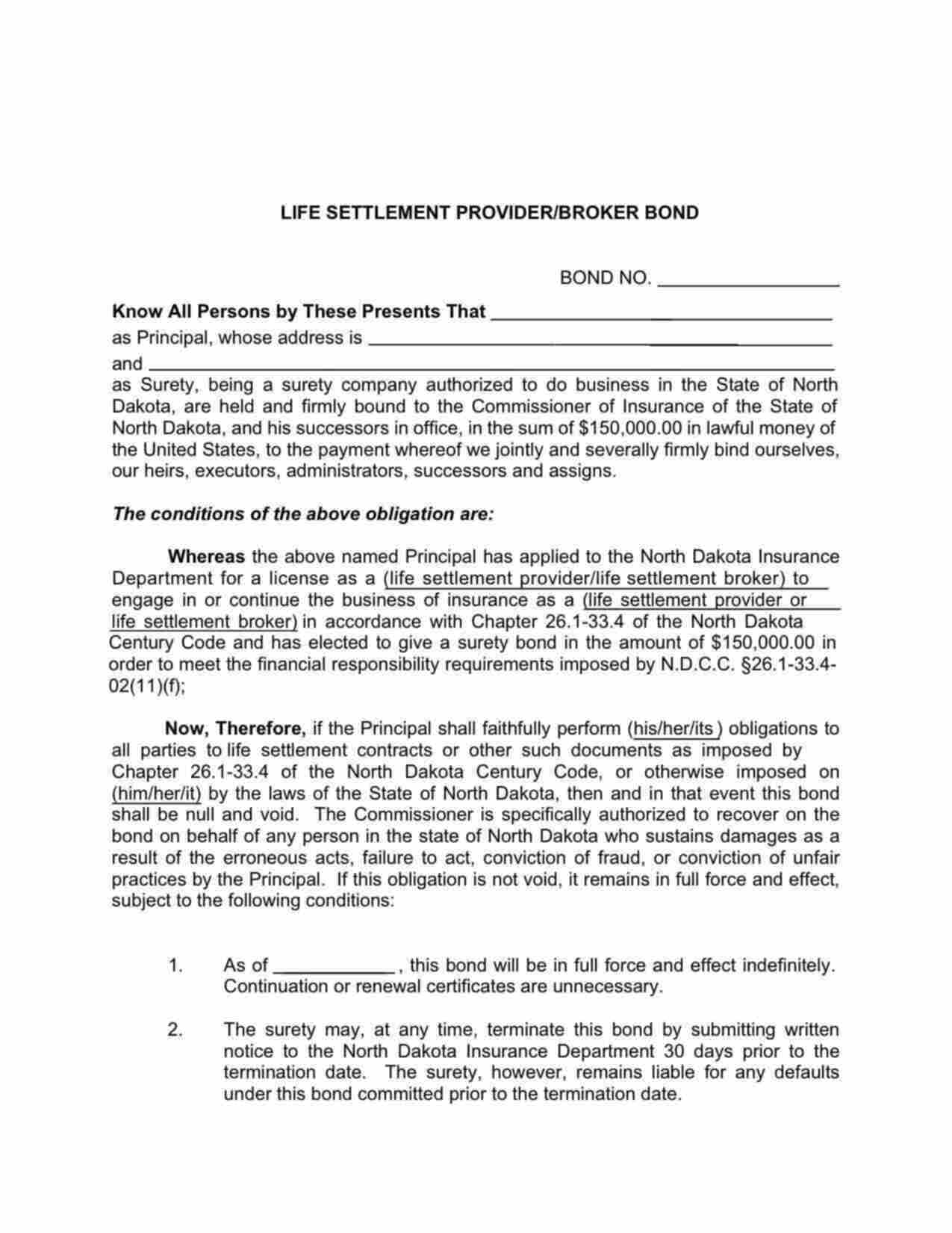 North Dakota Life Settlement Provider/Broker Bond Form