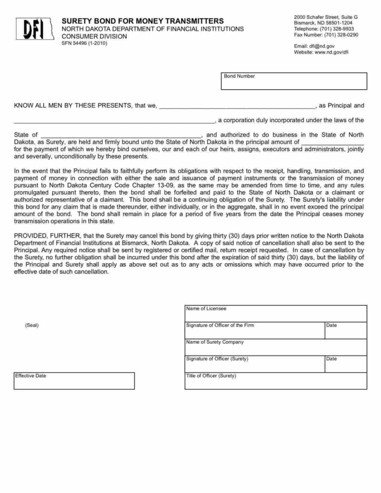 North Dakota Money Transmitter License Bond Form