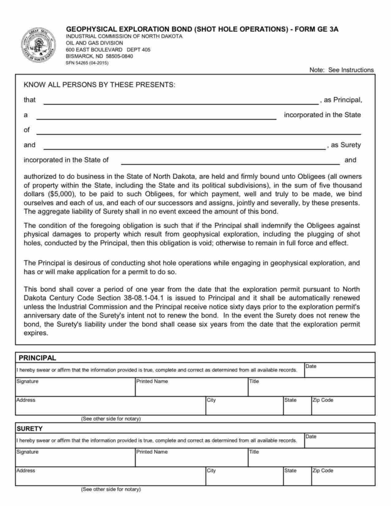 North Dakota Geophysical Exploration Bond Form