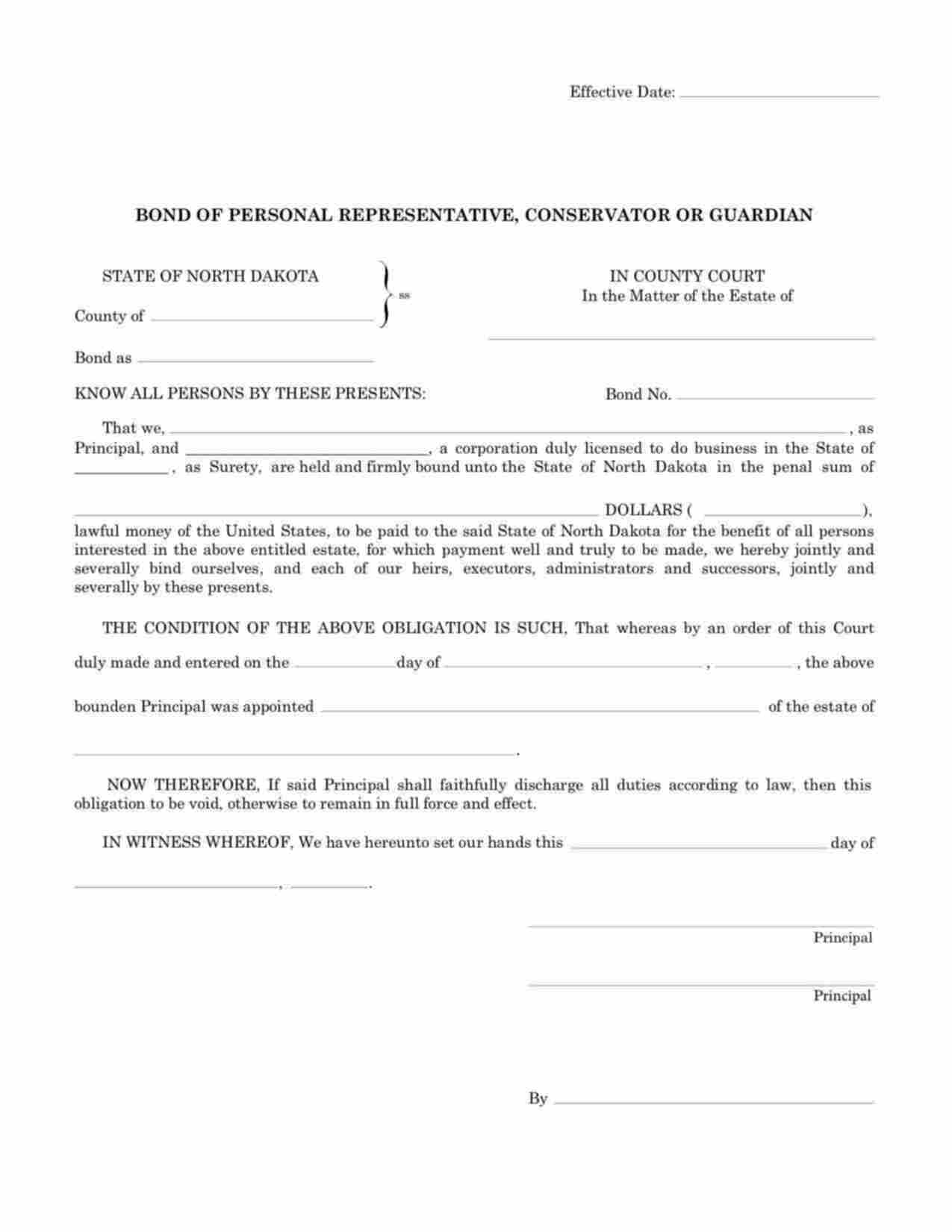 North Dakota Personal Representative Bond Form
