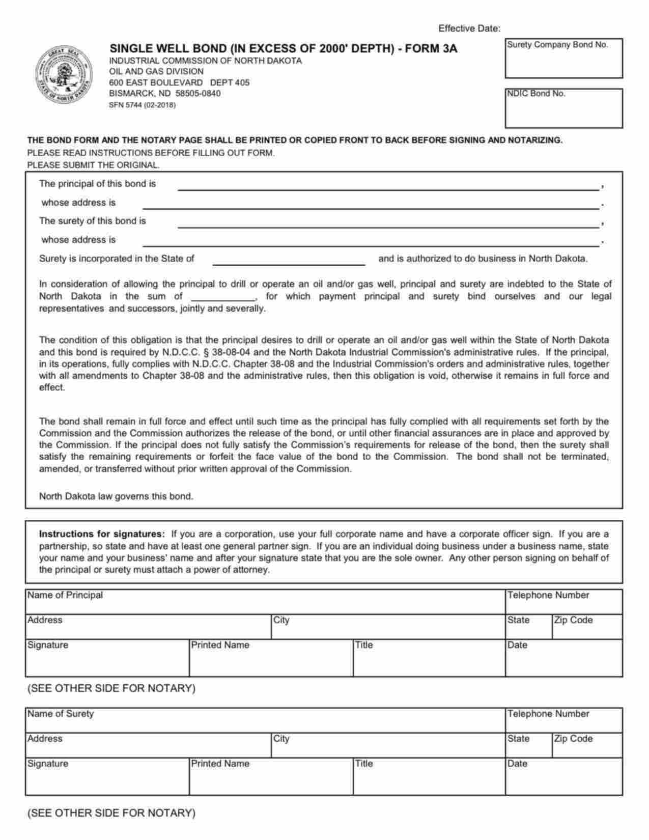 North Dakota Single Well Bond - Form 3A Bond Form