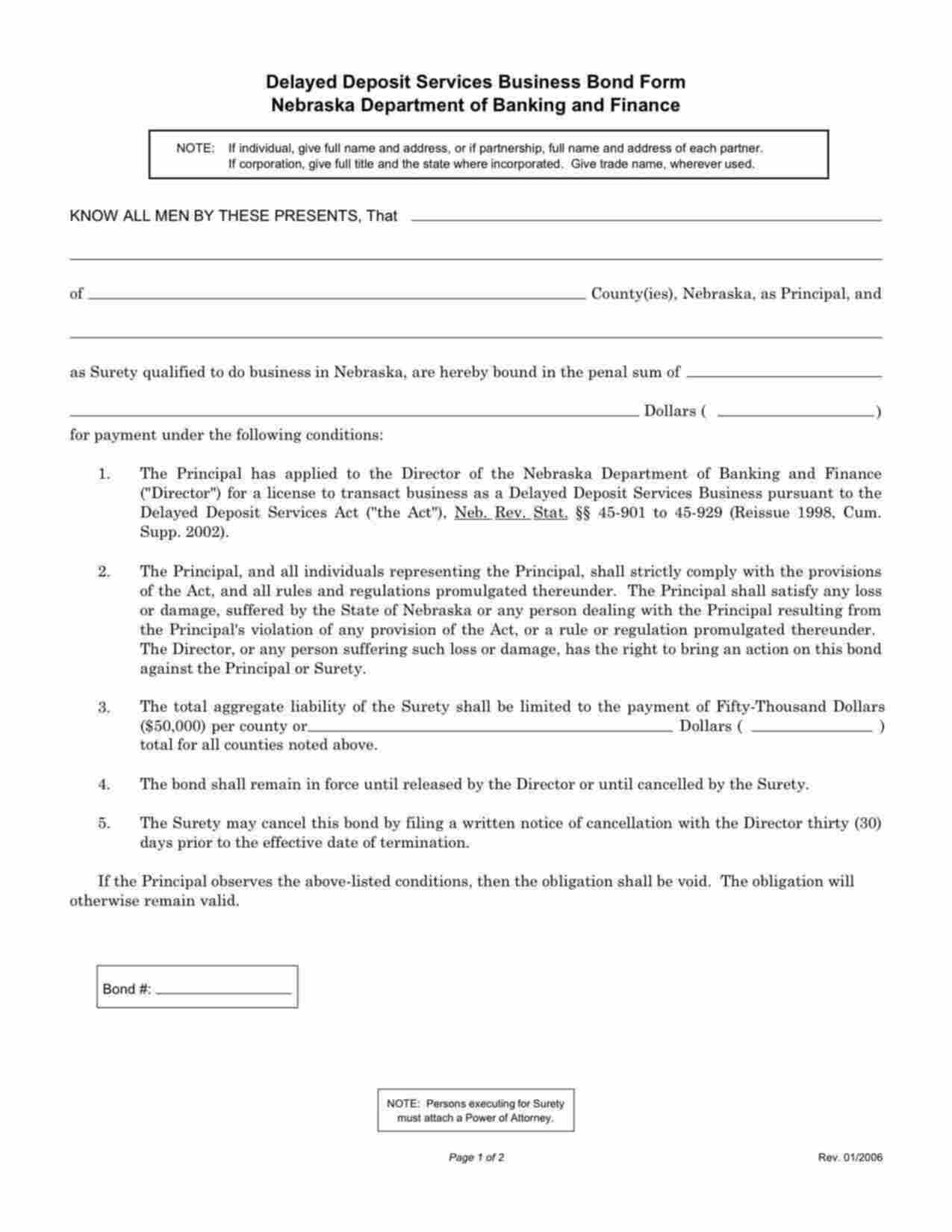 Nebraska Delayed Deposit Services Company Bond Form