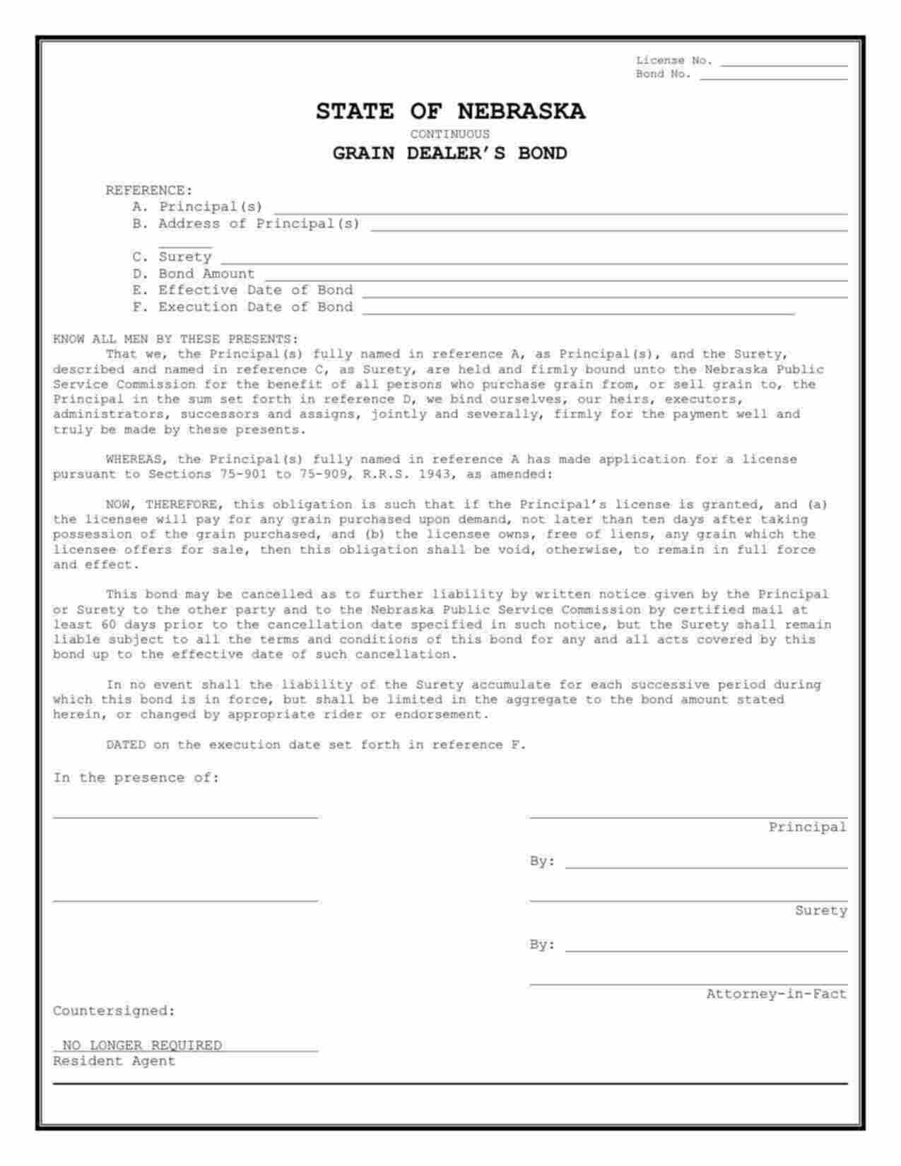 Nebraska Grain Dealer Bond Form