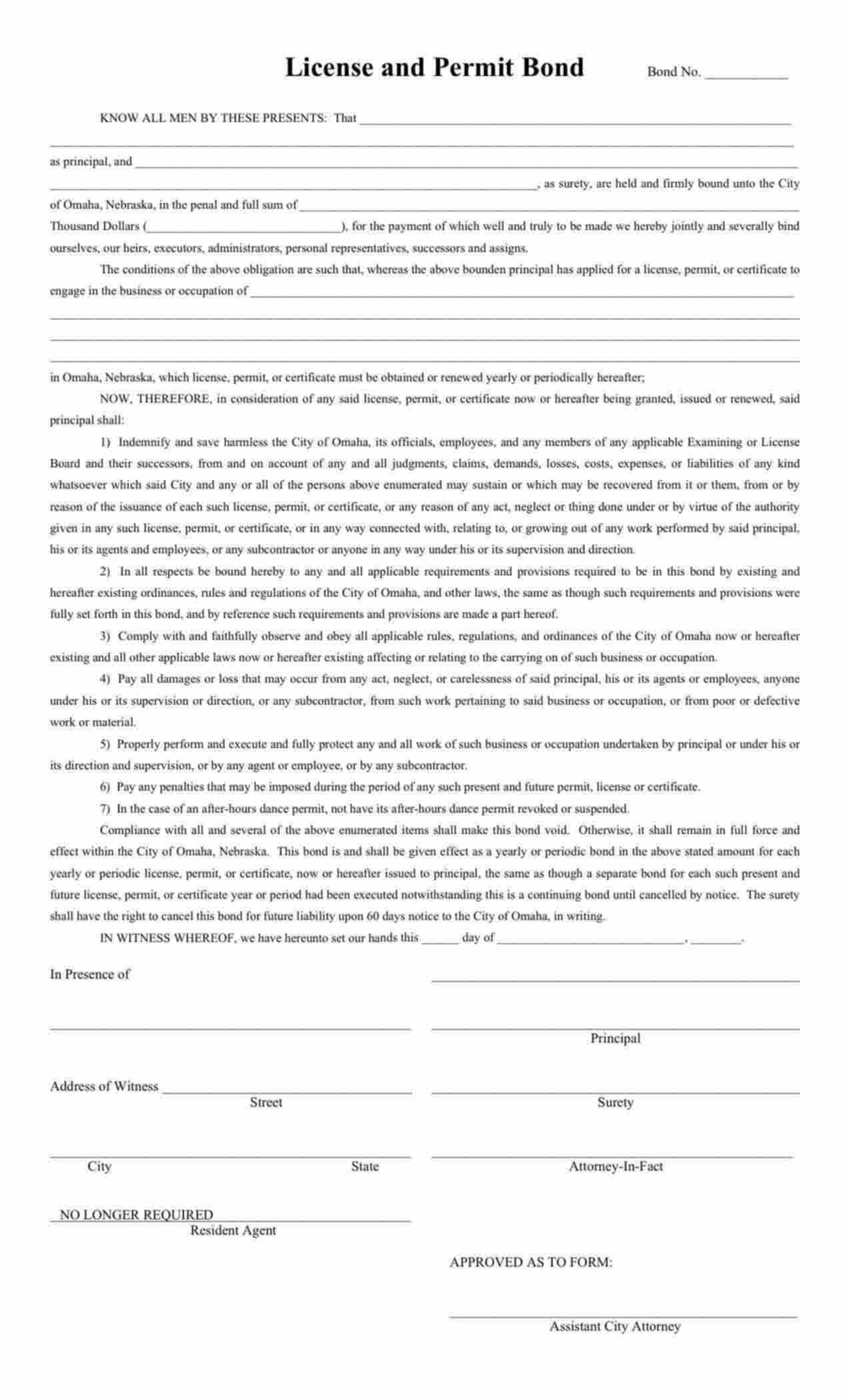 Nebraska License and Permit Bond Form