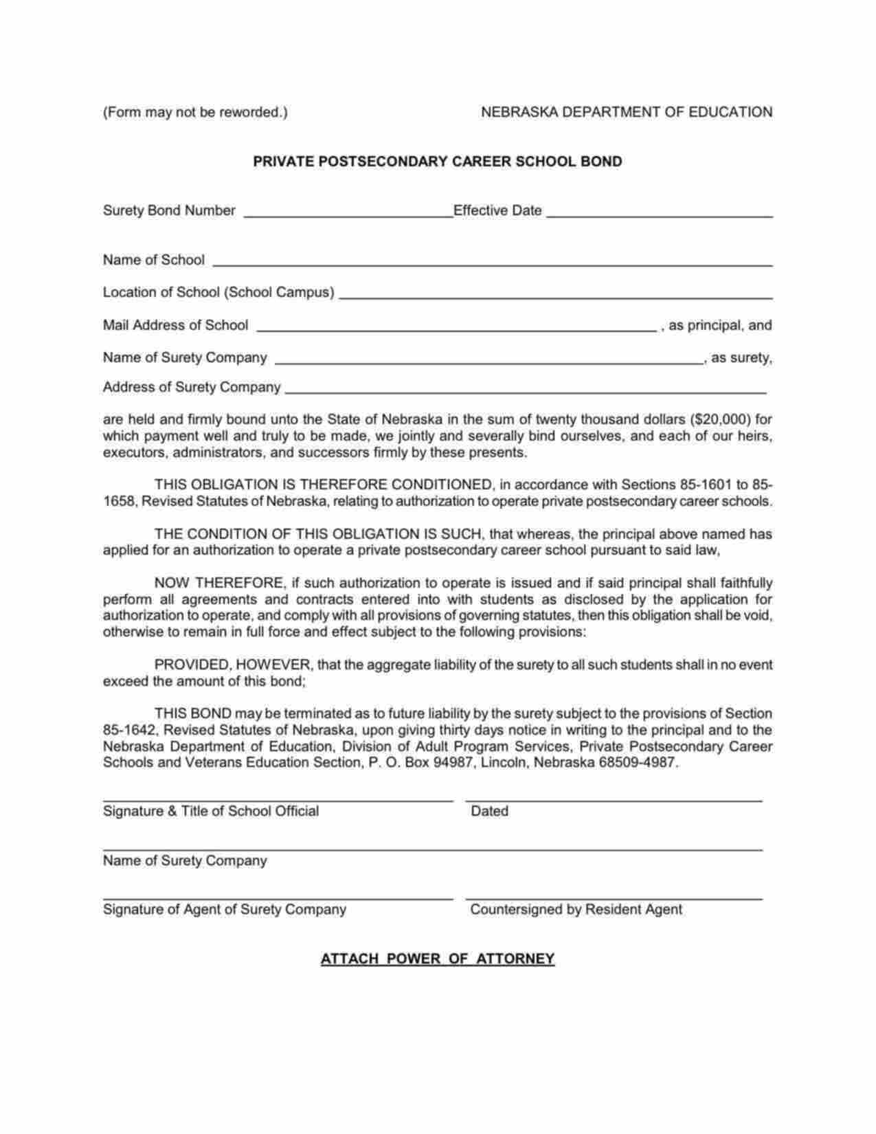 Nebraska Private Postsecondary Career School Bond Form