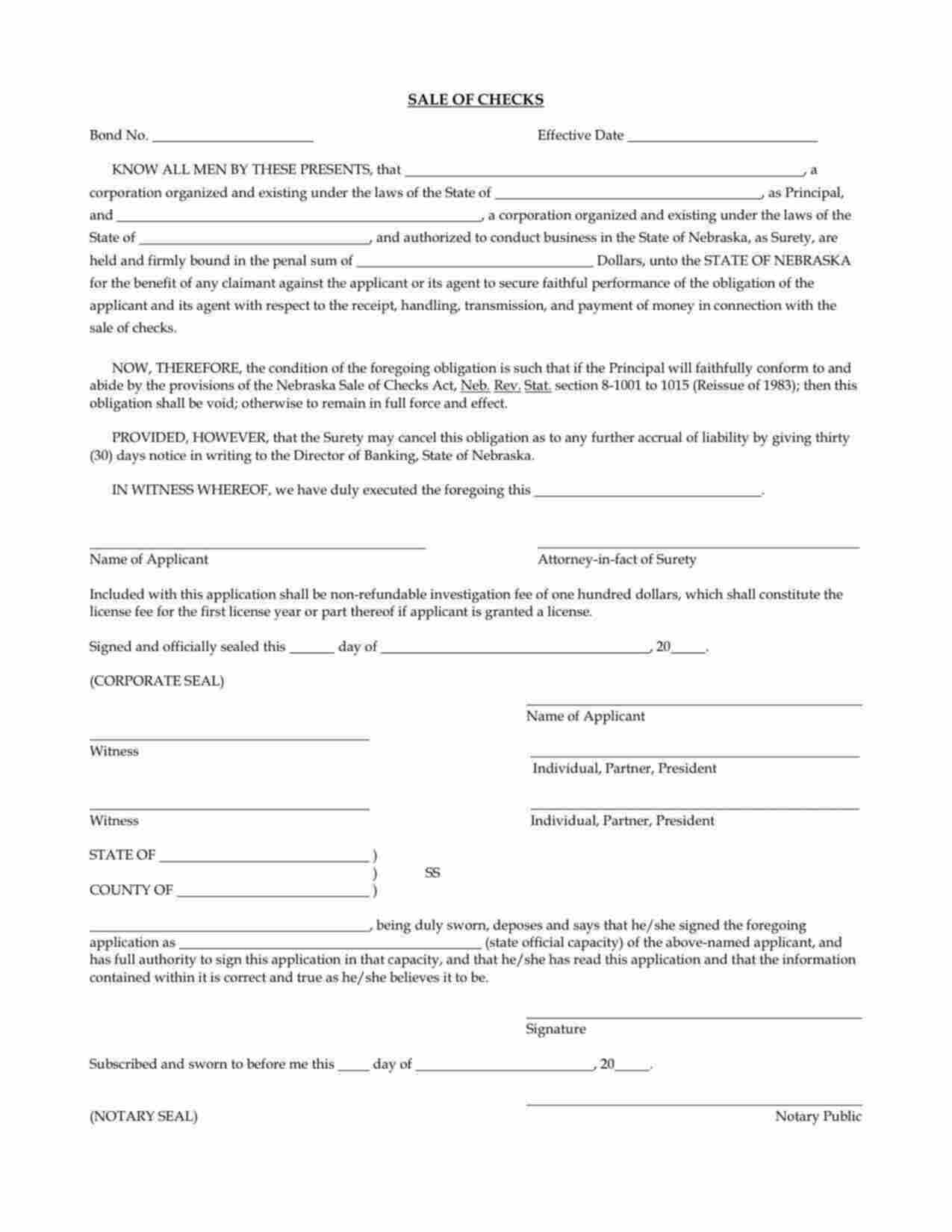 Nebraska Sale of Checks Bond Form