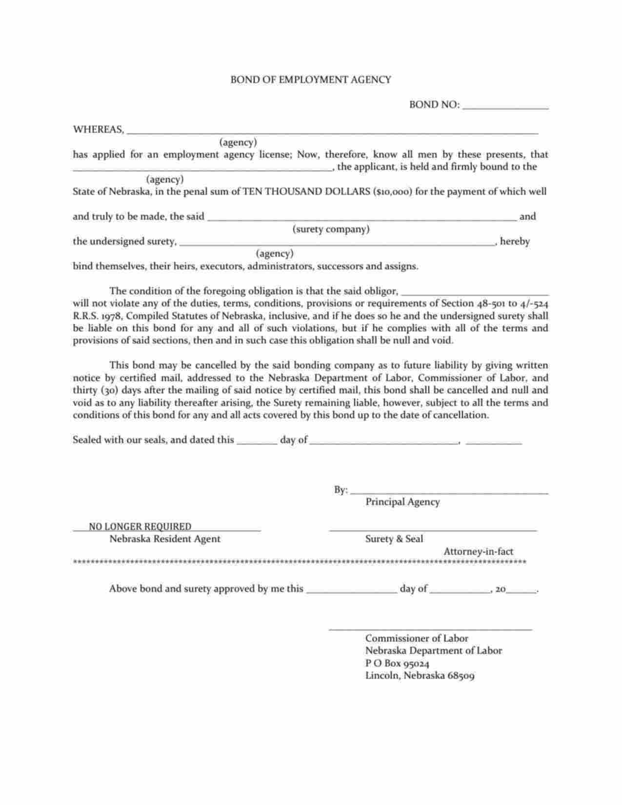 Nebraska Employment Agency Bond Form