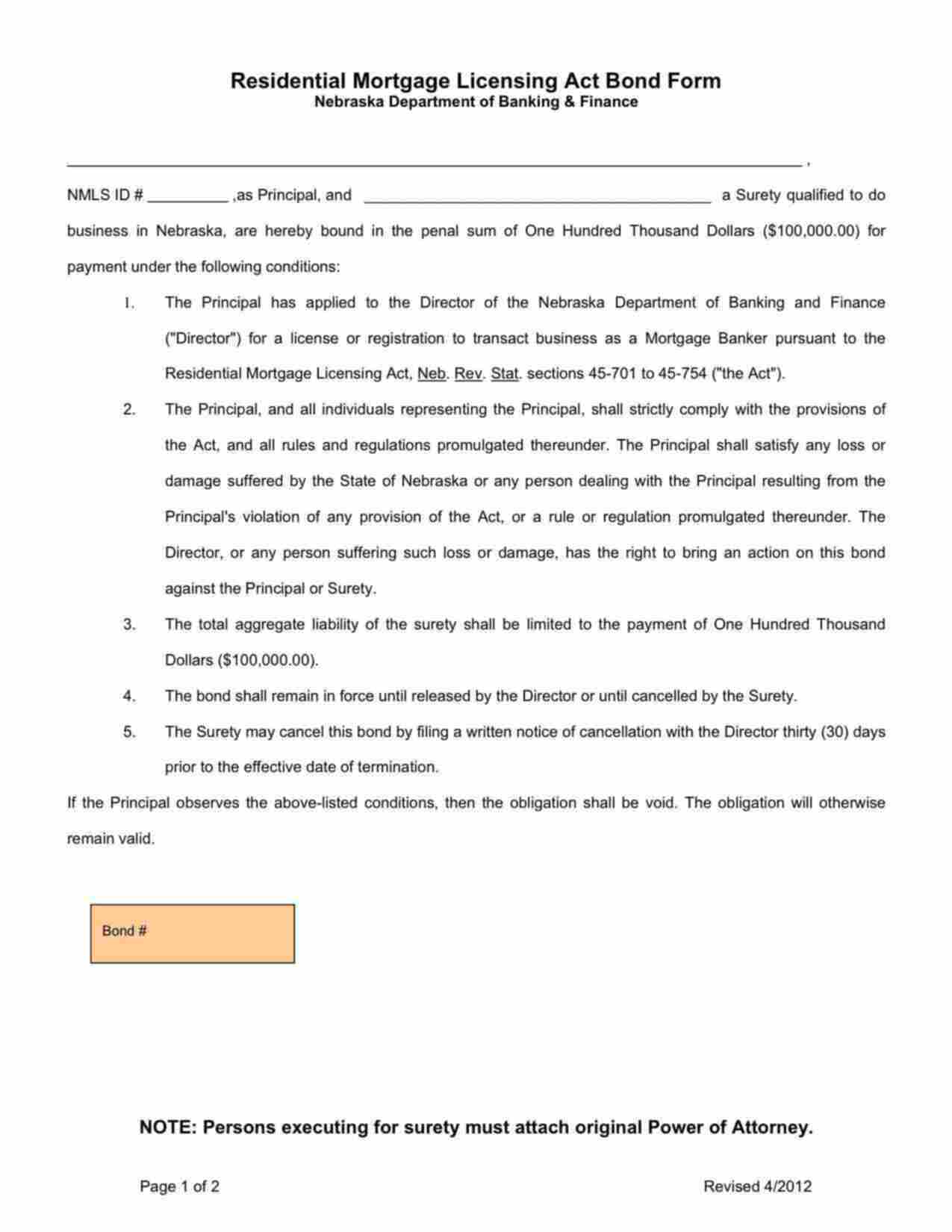 Nebraska Mortgage Banker License Bond Form