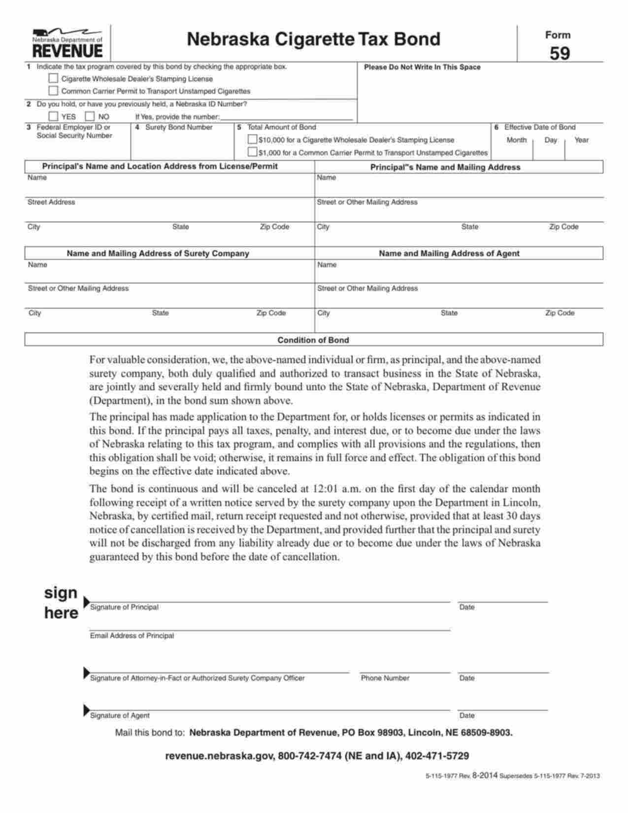 Nebraska Cigarette Tax - Wholesale Cigarette Dealer Bond Form