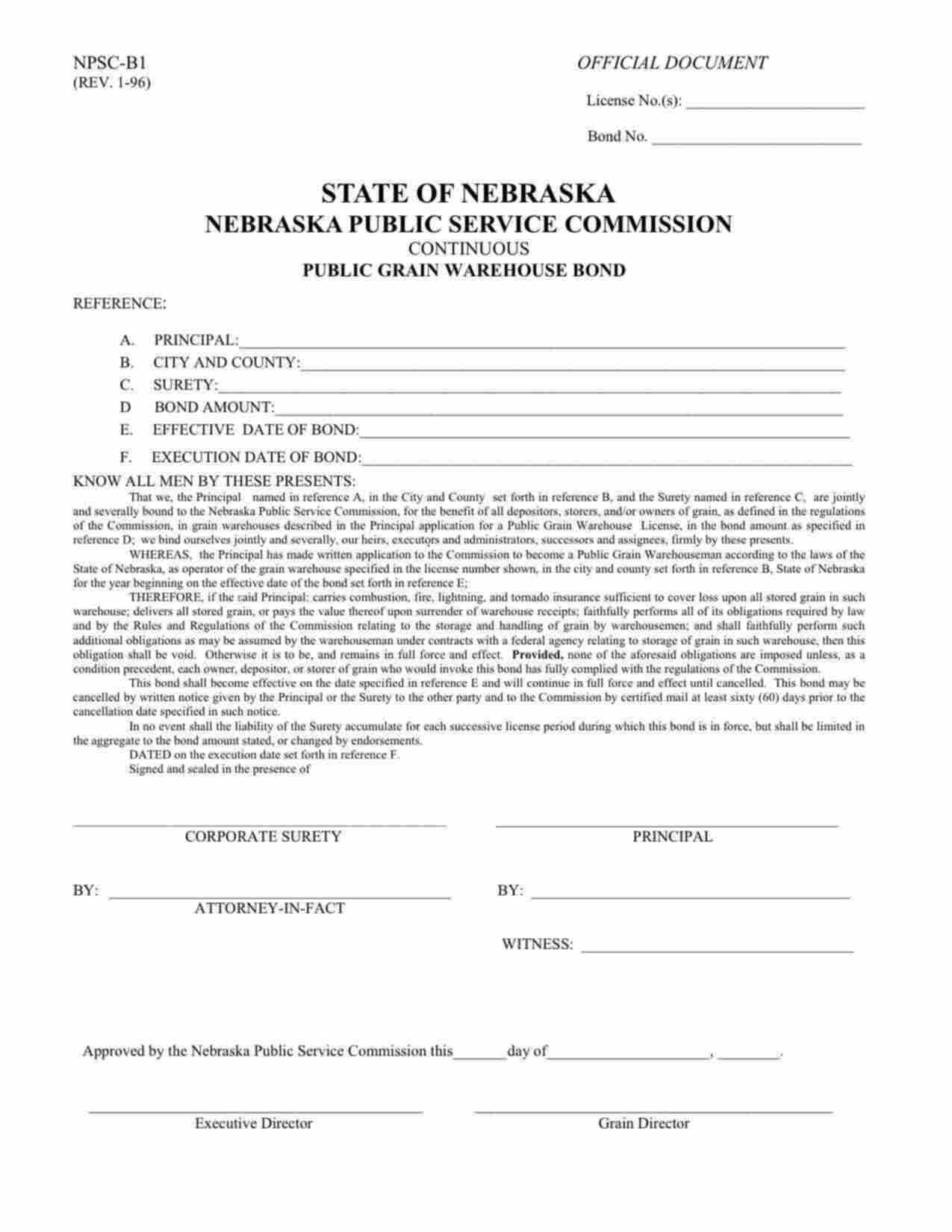 Nebraska Public Grain Warehouser Bond Form