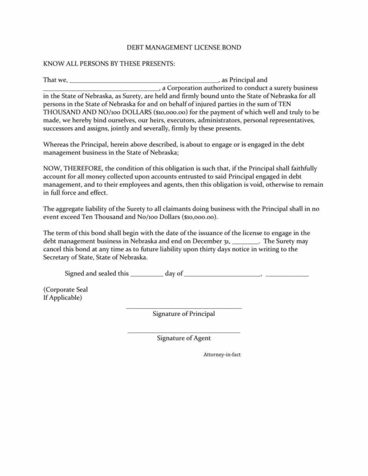 Nebraska Debt Management License Bond Form