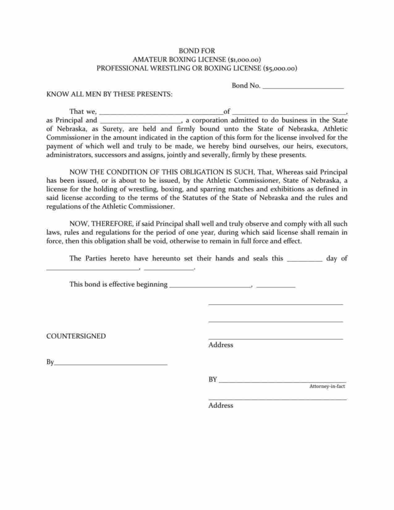 Nebraska Amateur Boxing License Bond Form