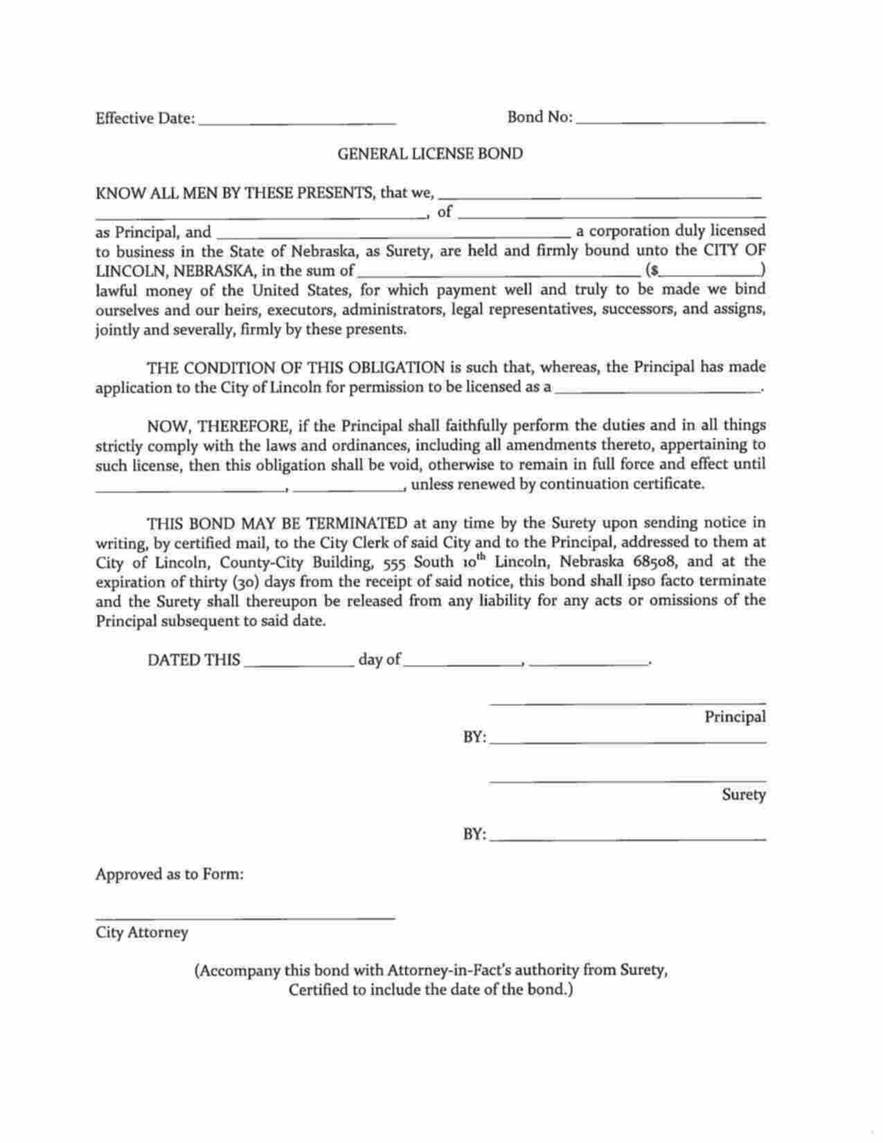 Nebraska General License Bond Form