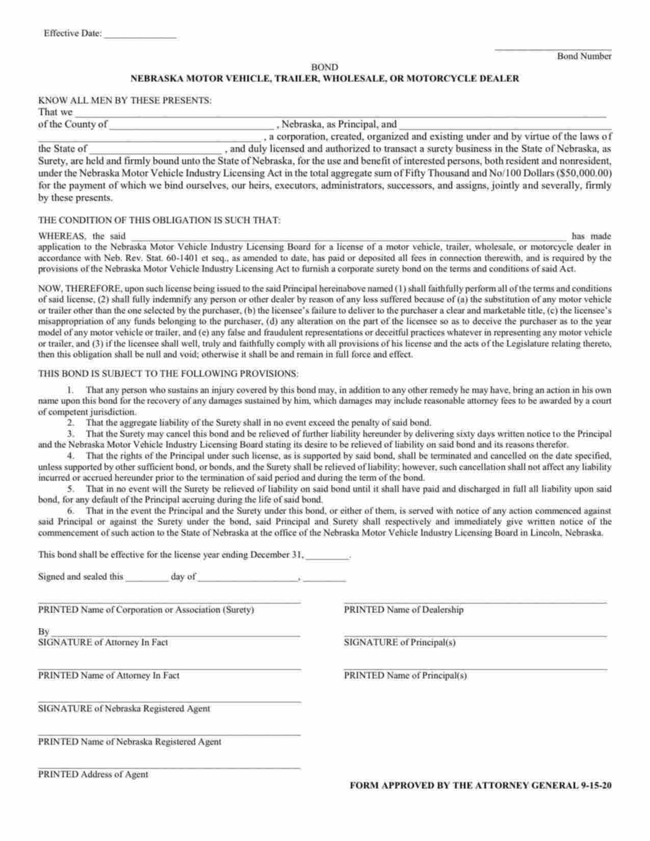 Nebraska Motor Vehicle, Trailer, Wholesale, or Motorcycle Dealer Bond Form