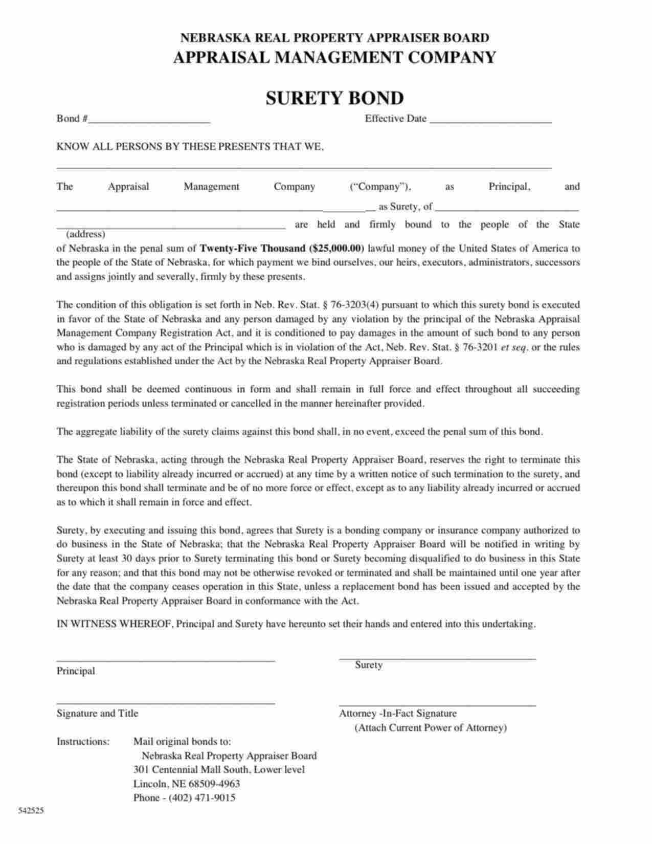 Nebraska Appraisal Management Company Bond Form