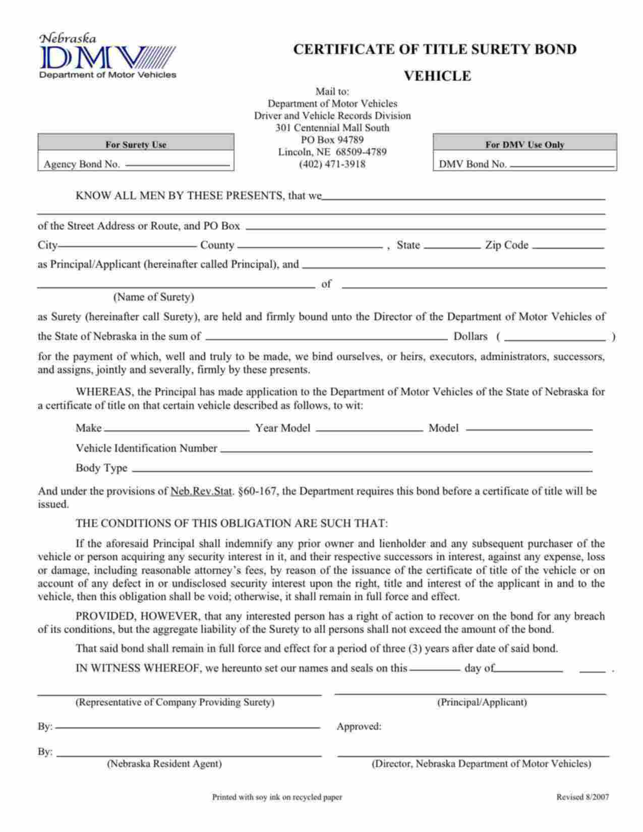 Nebraska Motor Vehicle Certificate of Title Bond Form