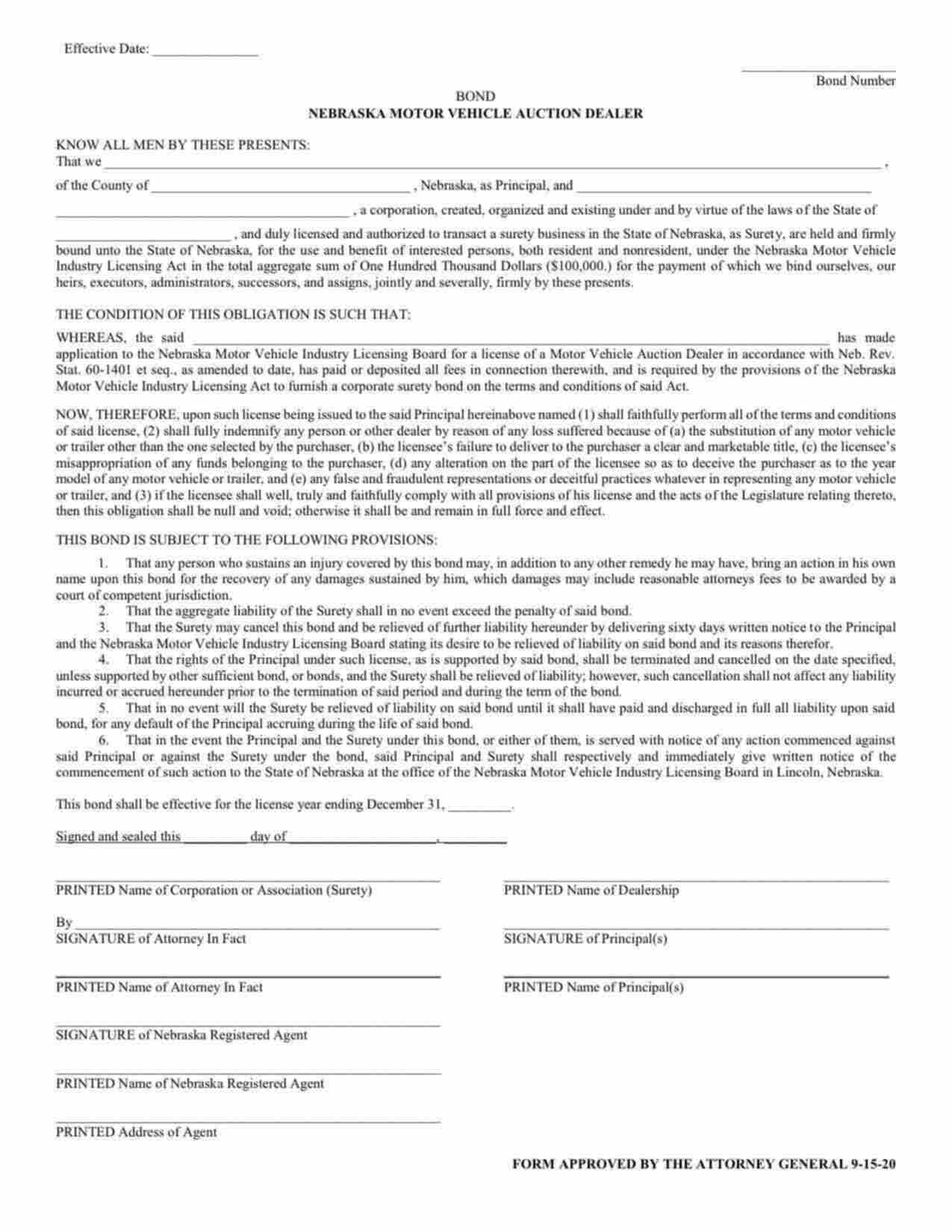 Nebraska Motor Vehicle Auction Dealer Bond Form