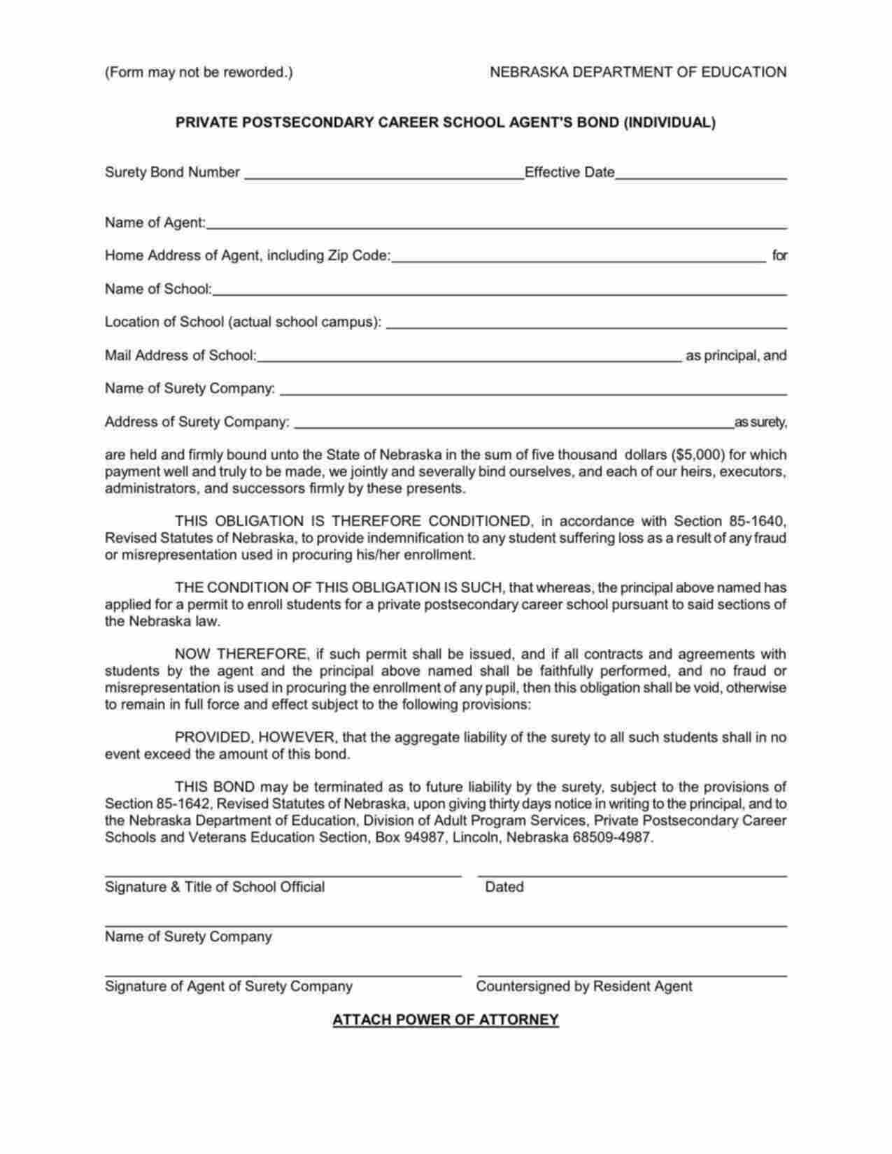 Nebraska Private Postsecondary Career School Agent (Individual) Bond Form