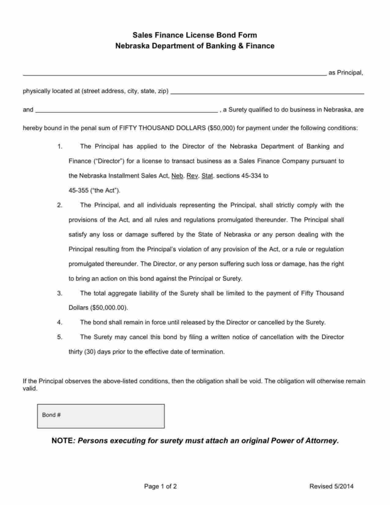 Nebraska Sales Finance License Bond Form