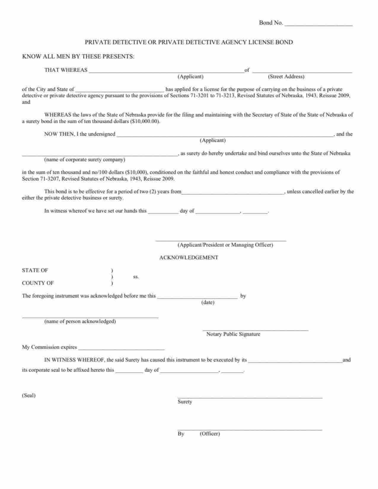 Nebraska Private Detective or Private Detective Agency Bond Form