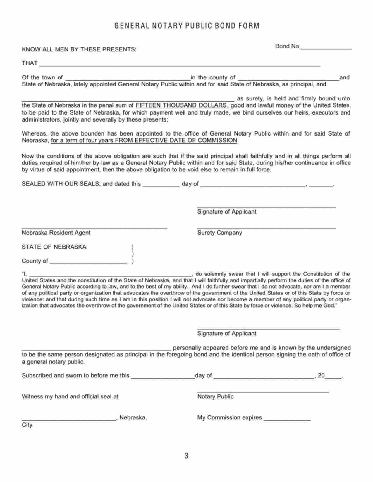 Nebraska Notary Public Bond Form