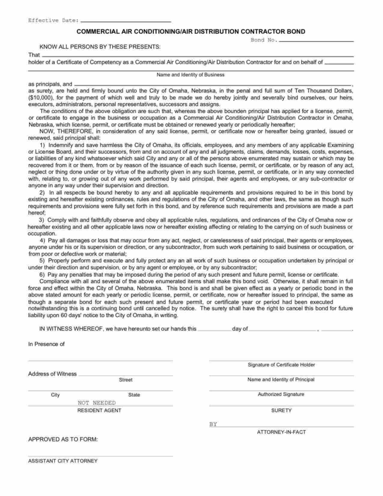 Nebraska Commercial Air Conditioning/Air Distribution Contractor Bond Form