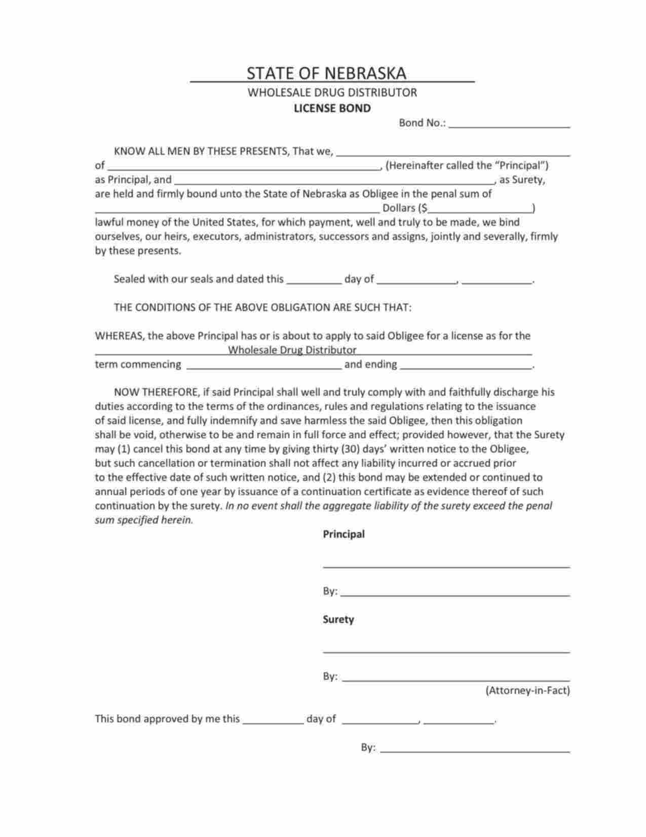 Nebraska Wholesale Drug Distributor Bond Form