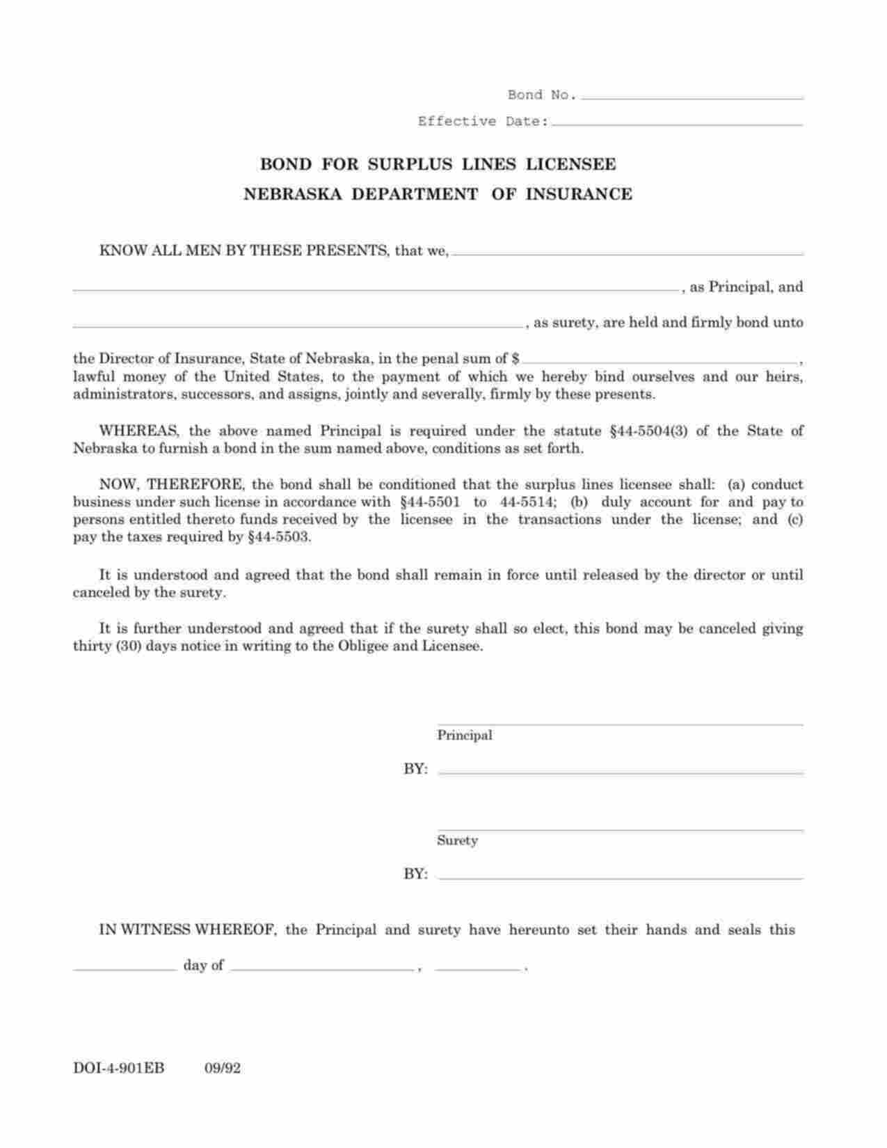 Nebraska Surplus Lines Licensee Bond Form